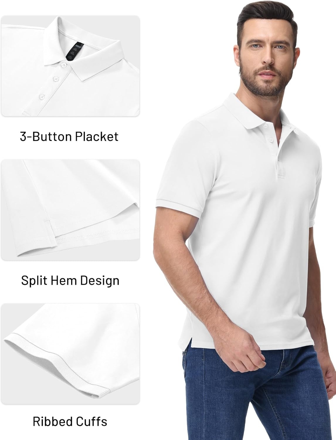 image:imageMIER Polo Shirts for Men Cotton Short Sleeve Golf Tennis Collared Shirt for Casual Work Travel 3 Buttons Ultra SoftWhite