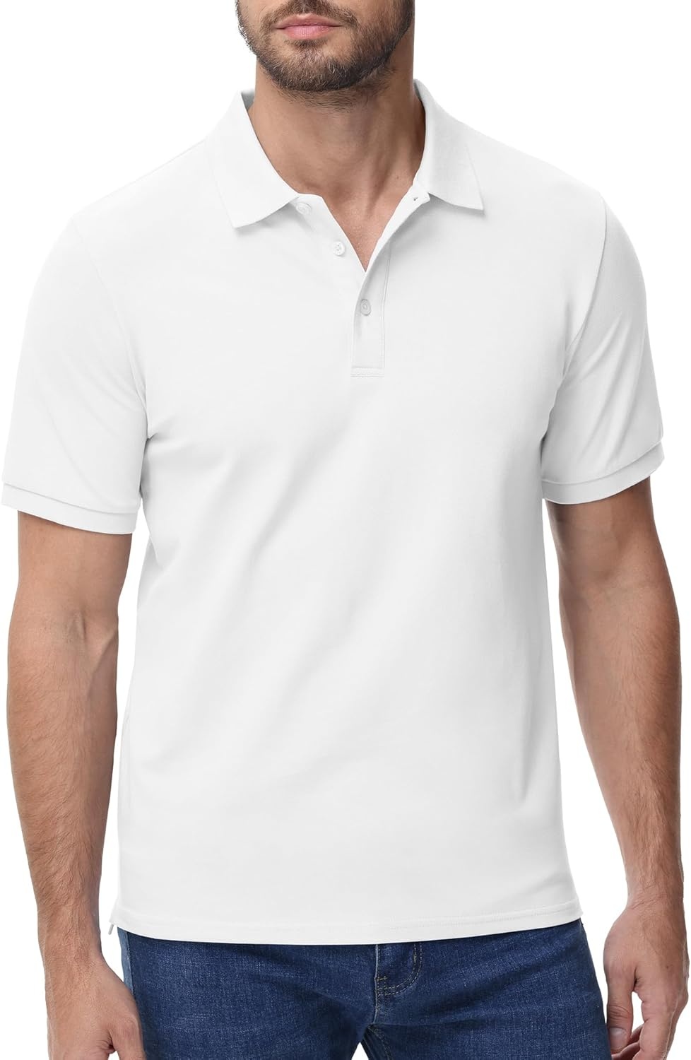 image:imageMIER Polo Shirts for Men Cotton Short Sleeve Golf Tennis Collared Shirt for Casual Work Travel 3 Buttons Ultra SoftWhite