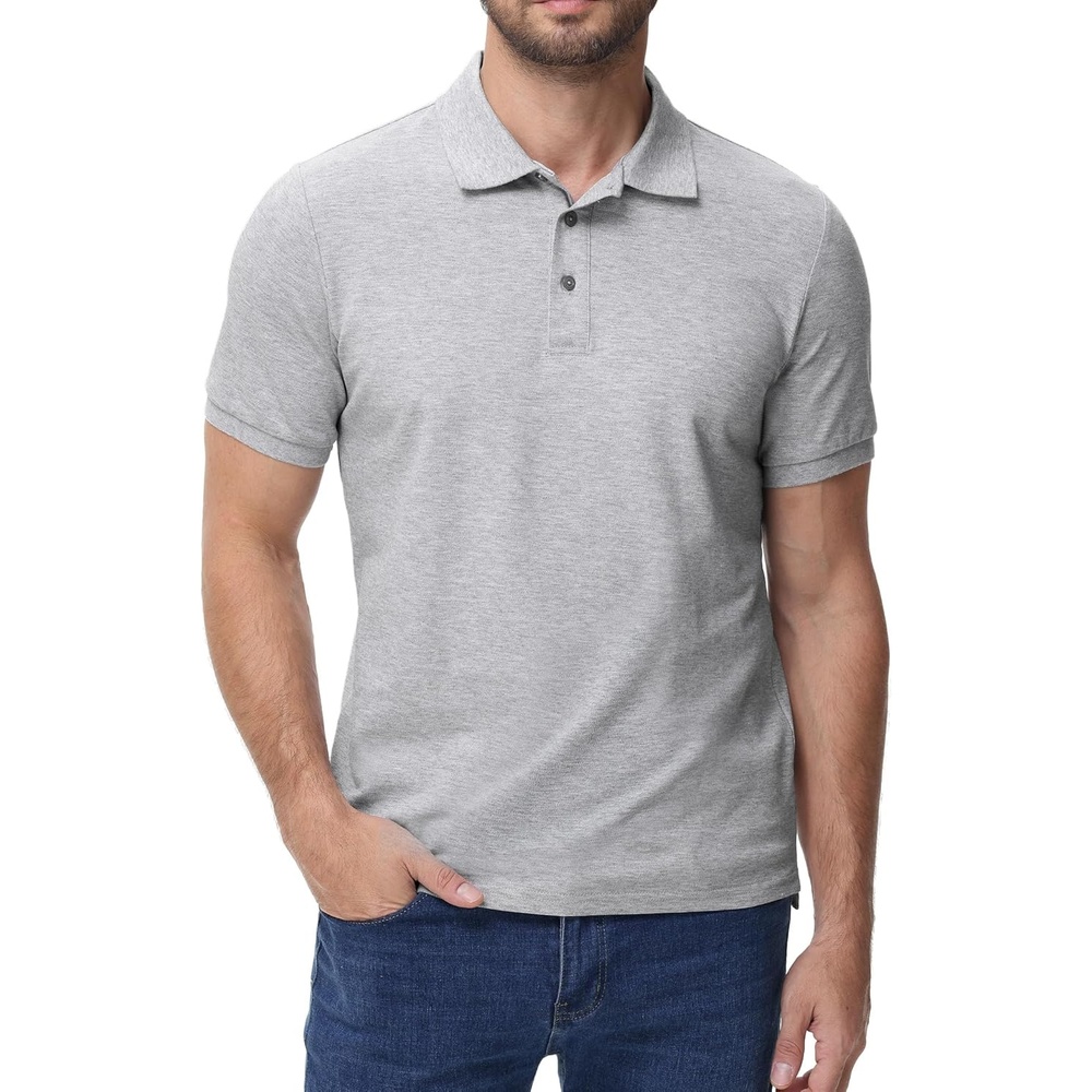image:imageMIER Polo Shirts for Men Cotton Short Sleeve Golf Tennis Collared Shirt for Casual Work Travel 3 Buttons Ultra SoftHeather Light Grey