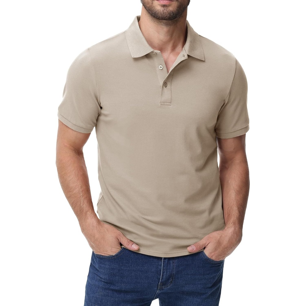 image:imageMIER Polo Shirts for Men Cotton Short Sleeve Golf Tennis Collared Shirt for Casual Work Travel 3 Buttons Ultra SoftKhaki