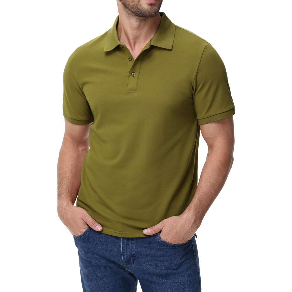 image:imageMIER Polo Shirts for Men Cotton Short Sleeve Golf Tennis Collared Shirt for Casual Work Travel 3 Buttons Ultra SoftOlive Green