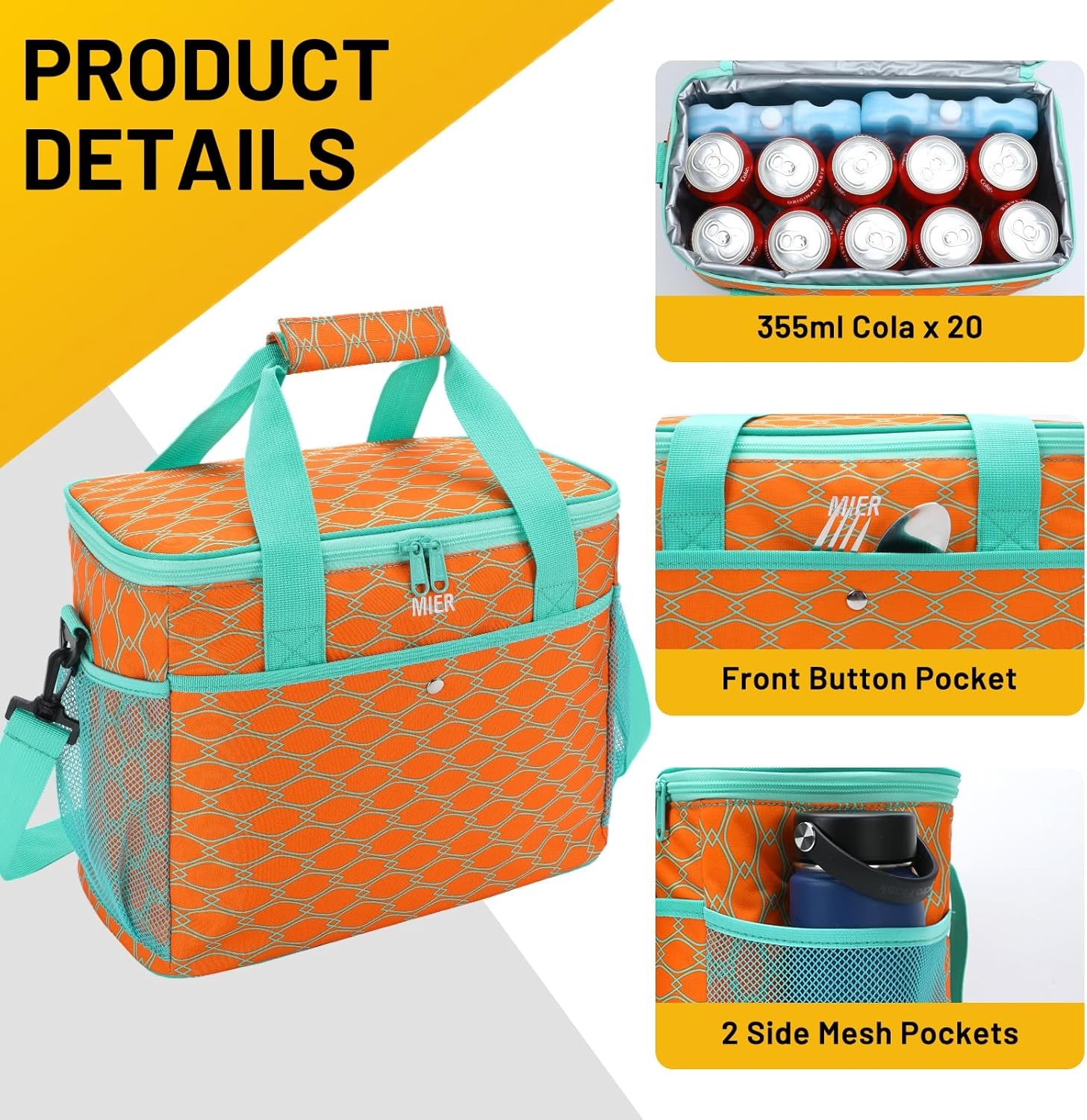 image:imageMIER 18L Large Soft Cooler Insulated Picnic Bag for Grocery Camping Car Bright Orange ColorOrange