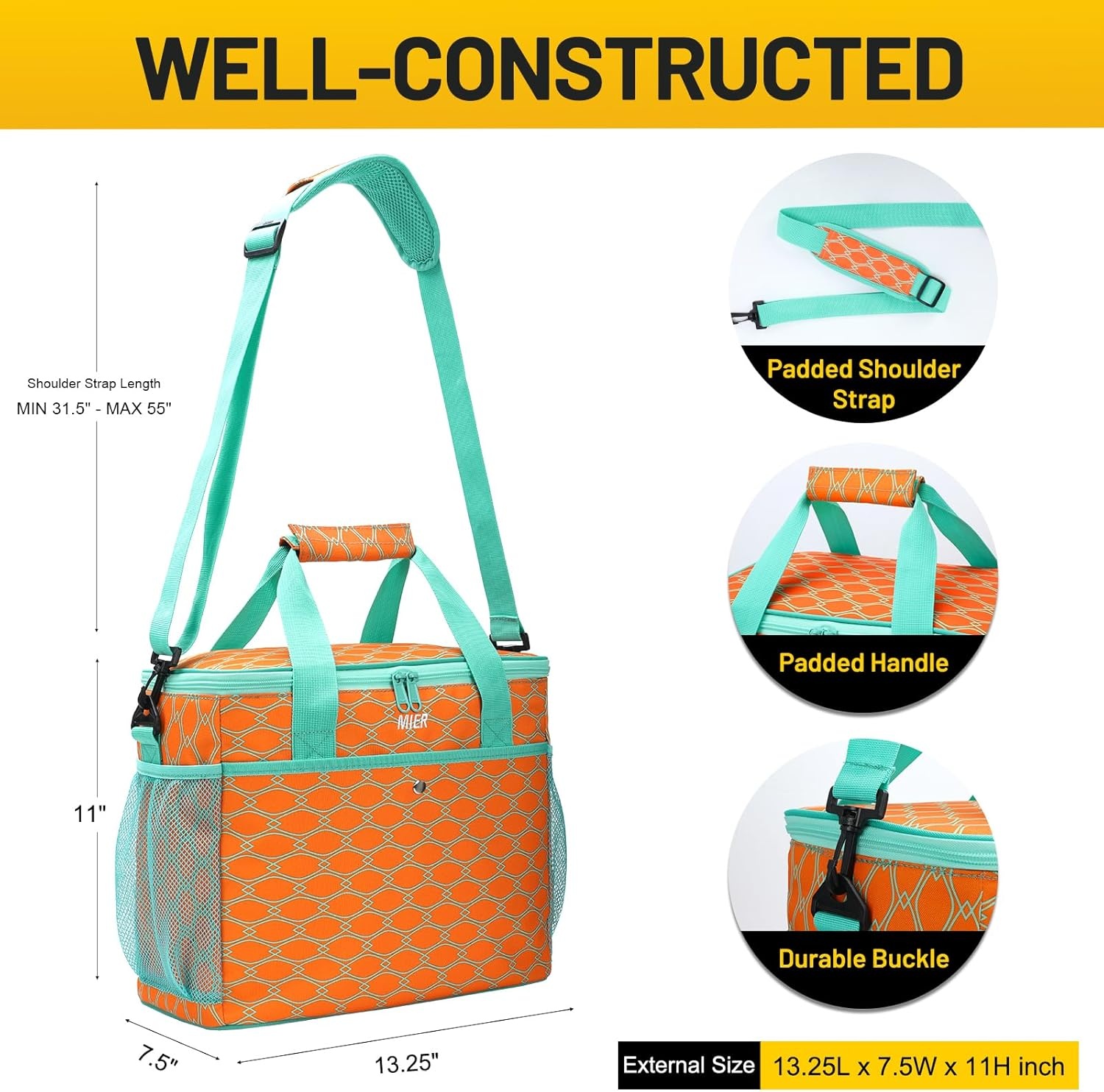 image:imageMIER 18L Large Soft Cooler Insulated Picnic Bag for Grocery Camping Car Bright Orange ColorOrange