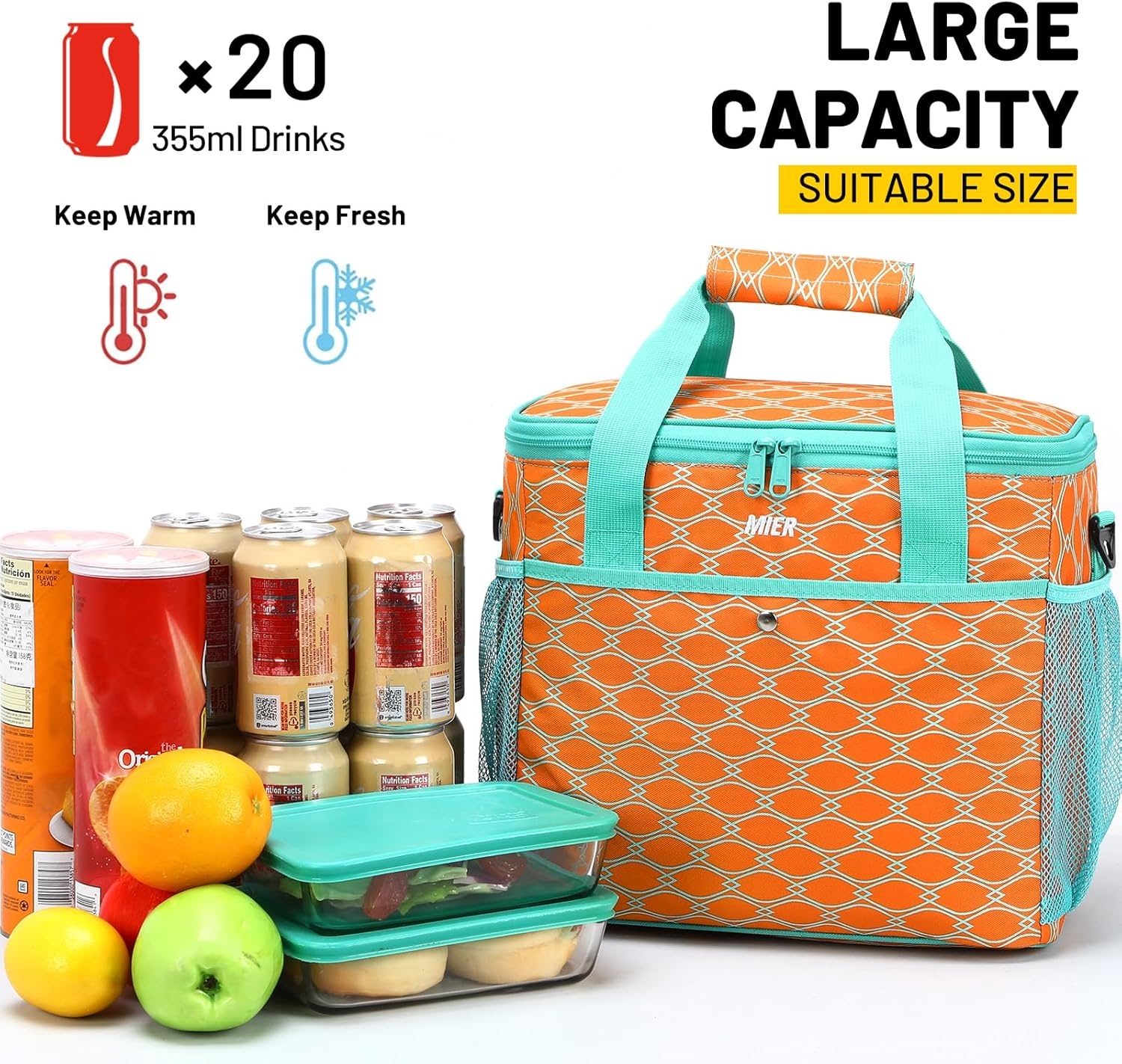 image:imageMIER 18L Large Soft Cooler Insulated Picnic Bag for Grocery Camping Car Bright Orange ColorOrange