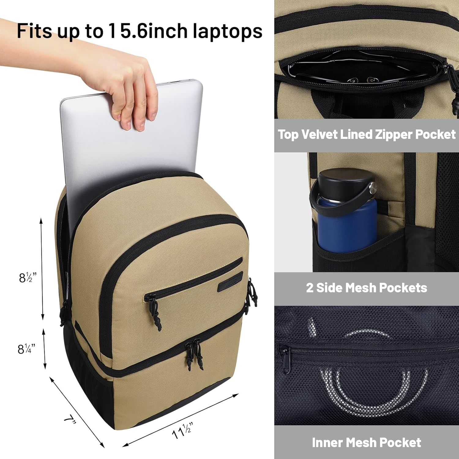 image:imageMIER 2 in 1 Insulated Cooler Backpack for Men Women Hiking Daypack with Lunch Compartment Double Deck LeakproofKhaki