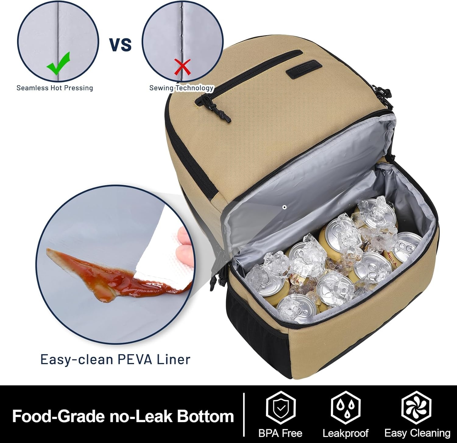 image:imageMIER 2 in 1 Insulated Cooler Backpack for Men Women Hiking Daypack with Lunch Compartment Double Deck LeakproofKhaki