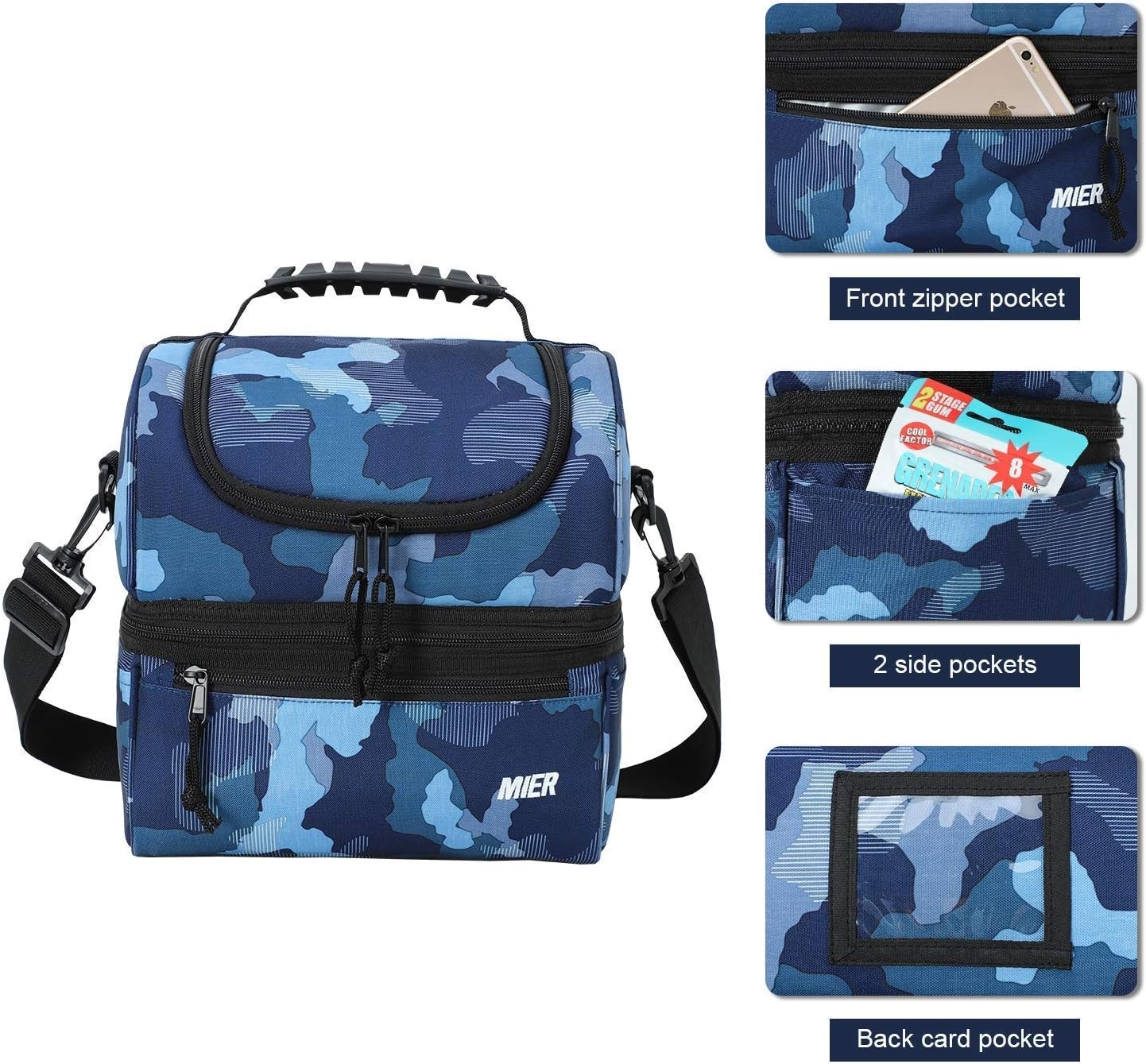 image:imageMIER Adult Lunch Box Insulated Lunch Bag Large Cooler Tote Bag for Women Double Deck Cooler Camouflage Large and BlackMedium