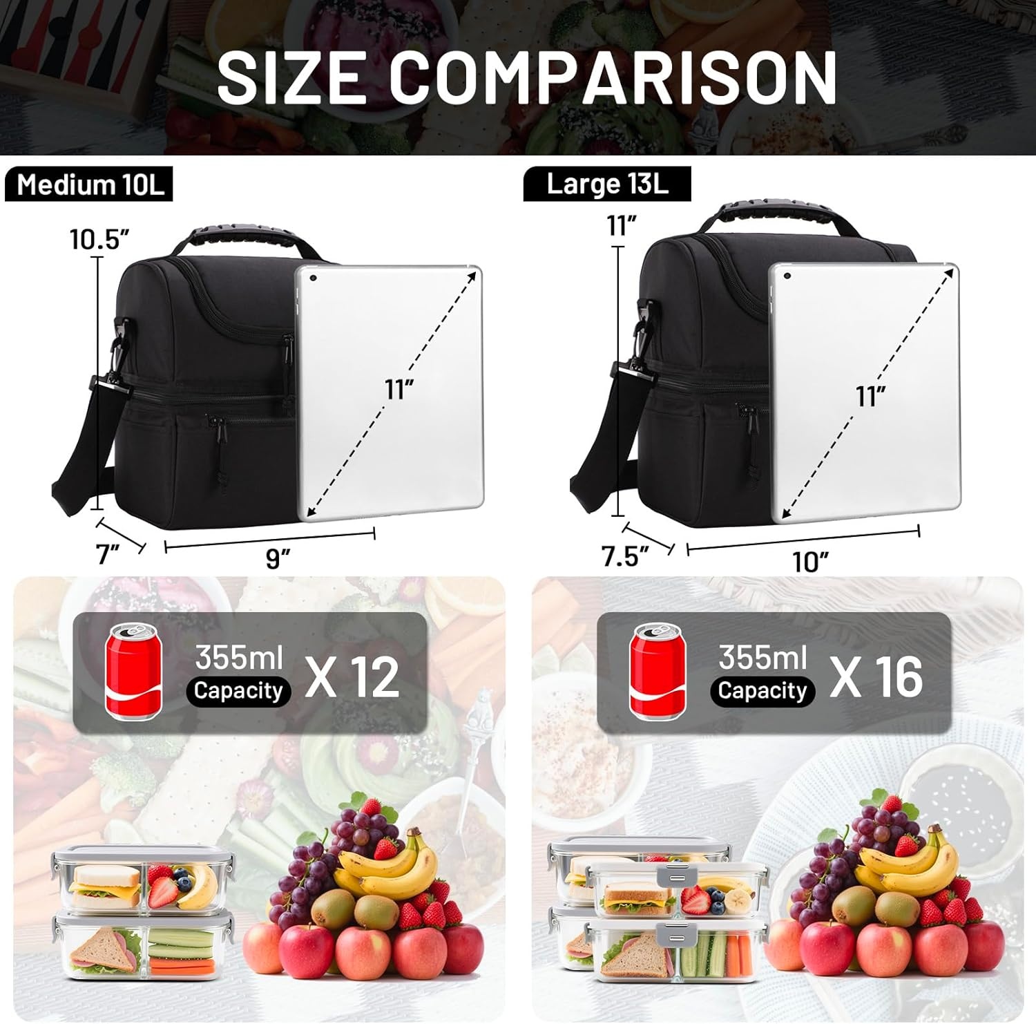 image:imageMIER Adult Lunch Box Insulated Lunch Bag Large Cooler Tote Bag for Women Double Deck Cooler Leopard LargeBlack