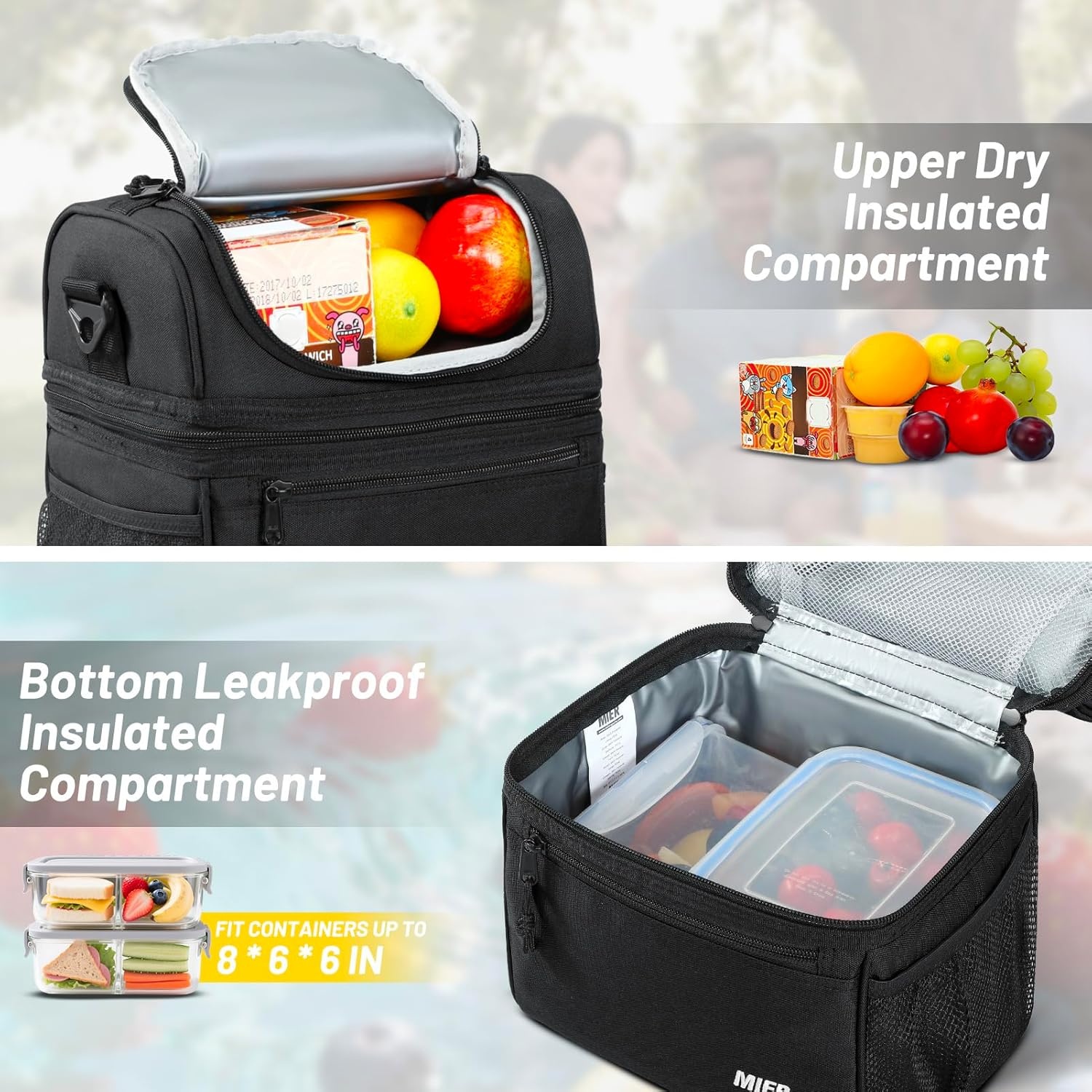 image:imageMIER Adult Lunch Box Insulated Lunch Bag Large Cooler Tote Bag for Women Double Deck Cooler Leopard LargeBlack