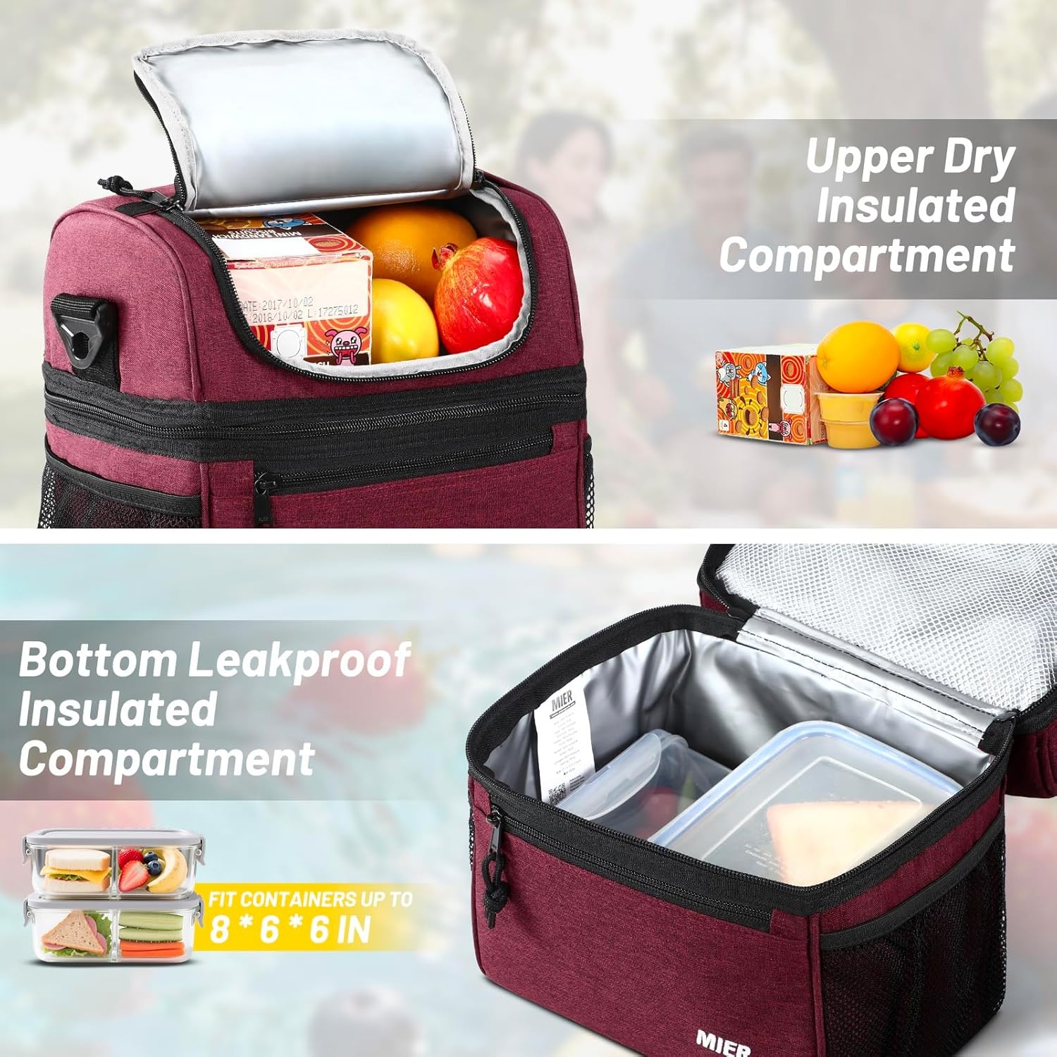image:imageMIER Adult Lunch Box Insulated Lunch Bag Large Cooler Tote Bag for Women Double Deck Cooler Leopard LargeBurgundy