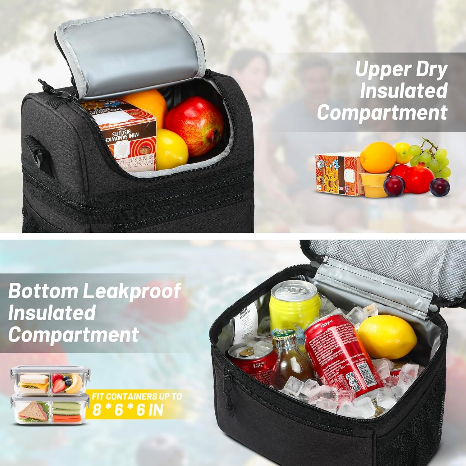 image:imageMIER Adult Lunch Box Insulated Lunch Bag Large Cooler Tote Bag for Women Double Deck Cooler Leopard LargeDark Gray