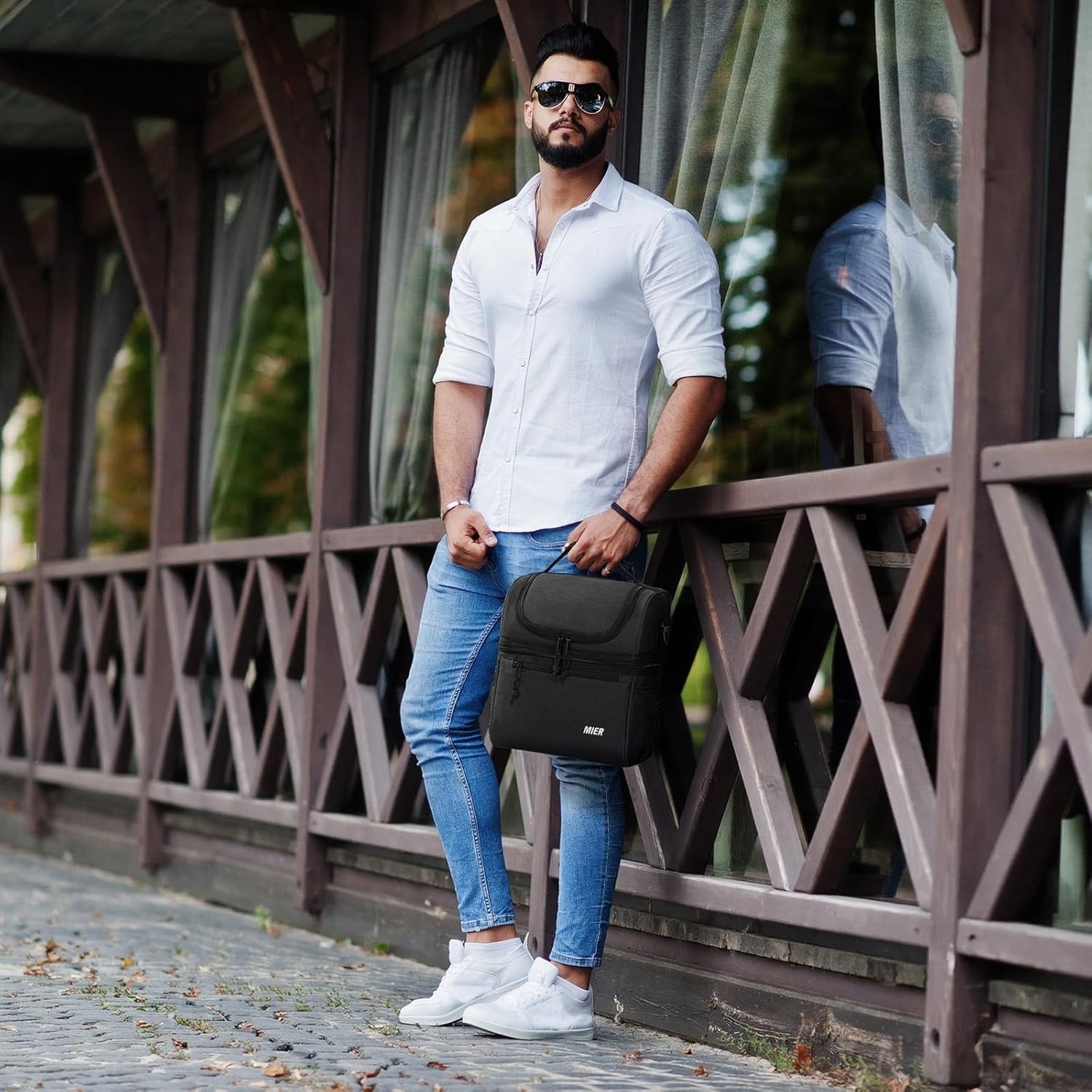 image:imageMIER Adult Lunch Box Insulated Lunch Bag Large Cooler Tote Bag for Women Double Deck Cooler Leopard LargeDark Gray