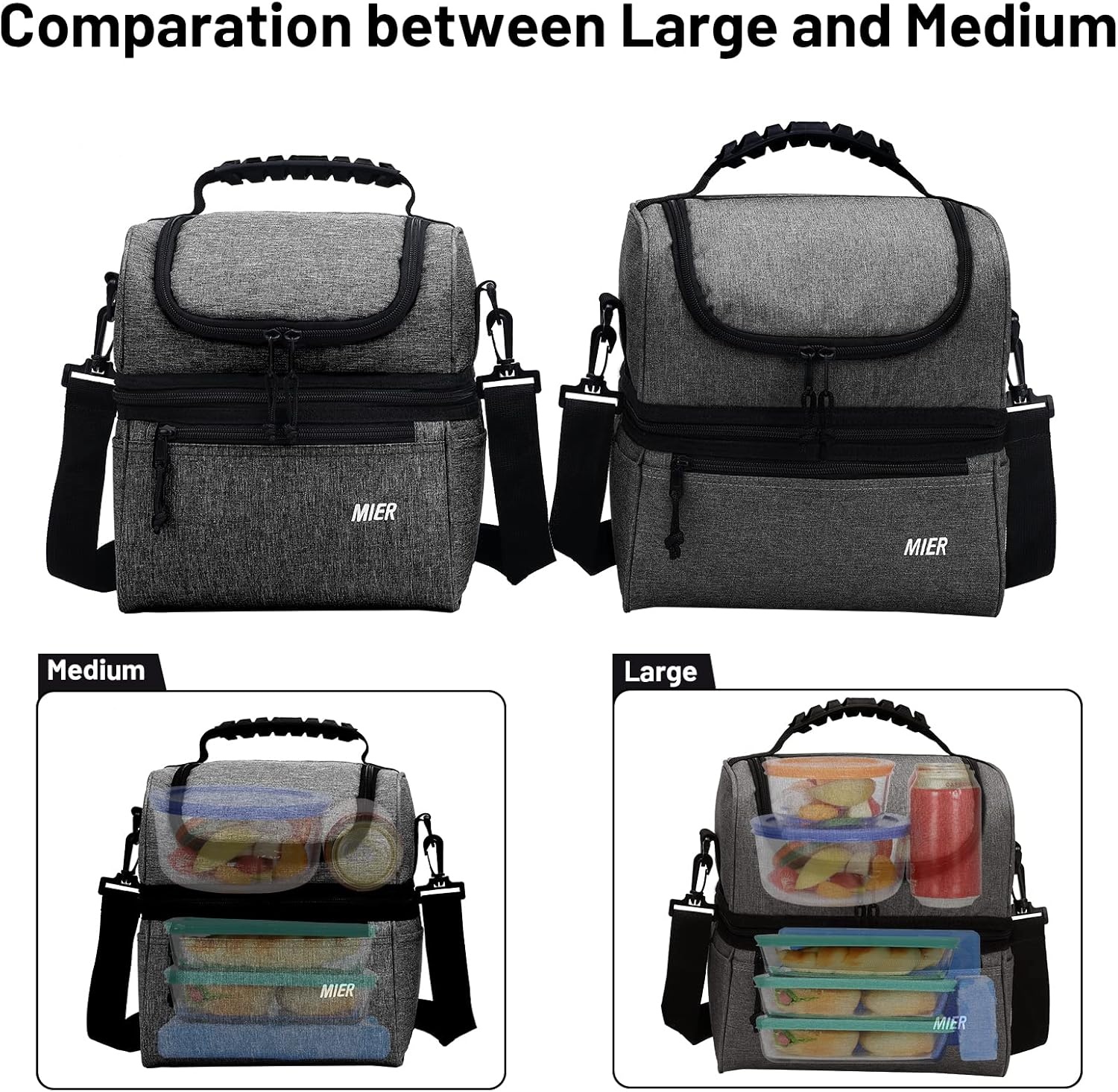 image:imageMIER Adult Lunch Box Insulated Lunch Bag Large Cooler Tote Bag for Women Double Deck Cooler Leopard LargeGray