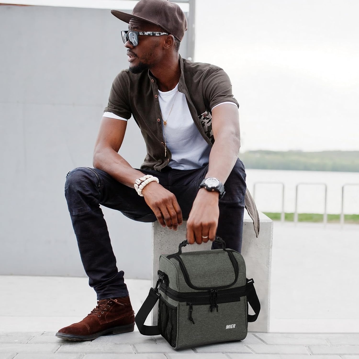 image:imageMIER Adult Lunch Box Insulated Lunch Bag Large Cooler Tote Bag for Women Double Deck Cooler Leopard LargeGreenish Grey