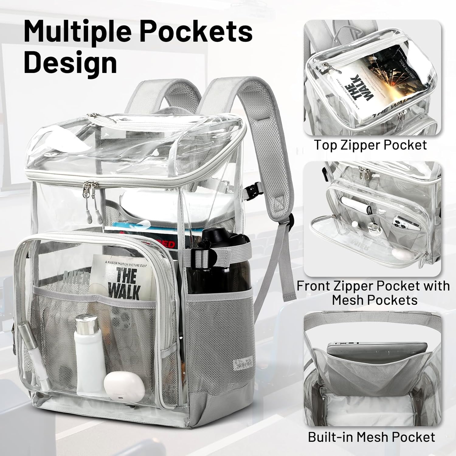 image:imageMIER Clear Backpack for Stadium Events 12 Inch Small Transparent Bookbag Heavy Duty See Through Backpacks for School Clear Bag for Boys Girls Adult BlackGray