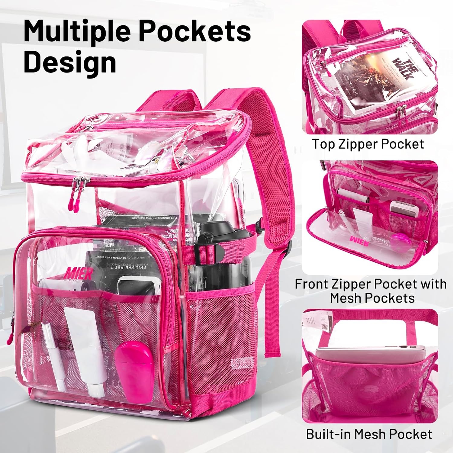 image:imageMIER Clear Backpack for Stadium Events 12 Inch Small Transparent Bookbag Heavy Duty See Through Backpacks for School Clear Bag for Boys Girls Adult BlackPink