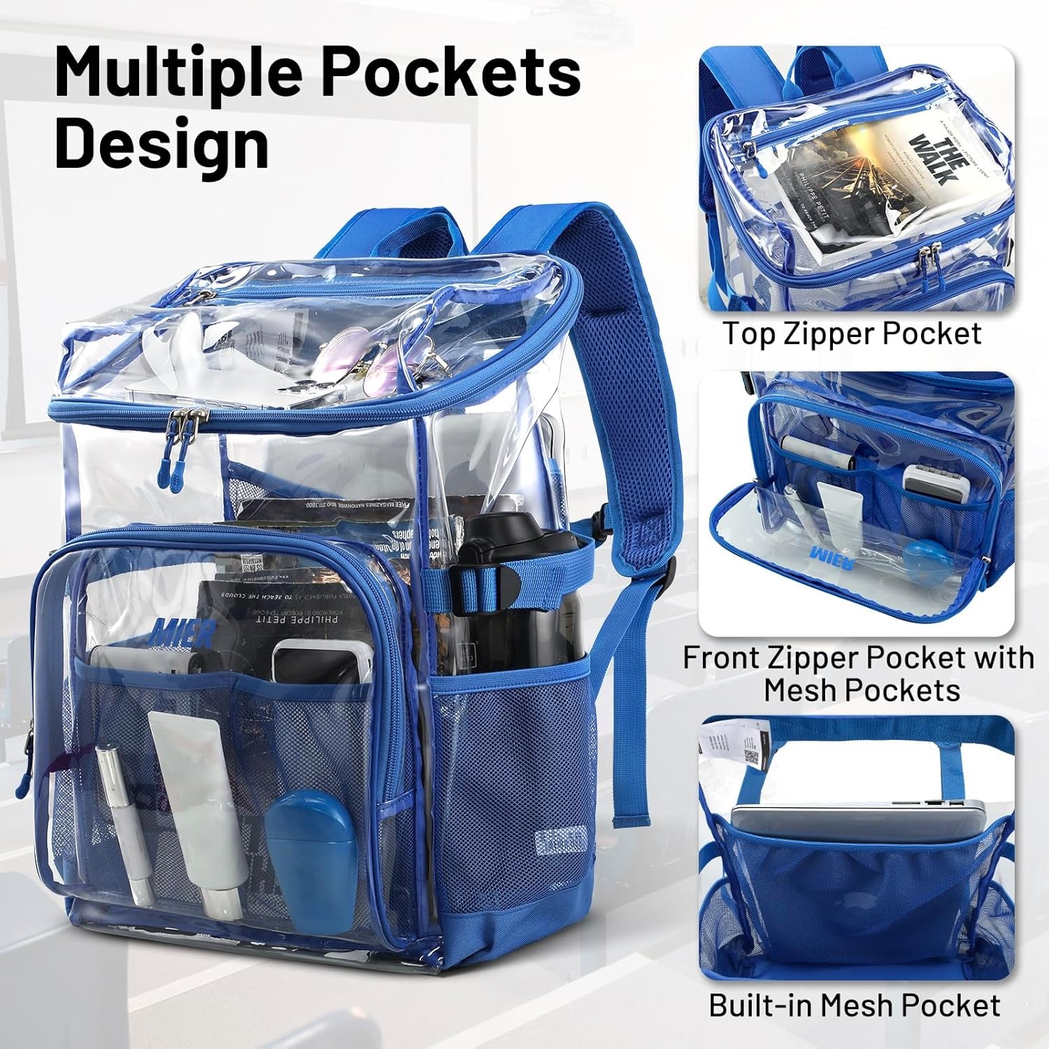 image:imageMIER Clear Backpack for Stadium Events 12 Inch Small Transparent Bookbag Heavy Duty See Through Backpacks for School Clear Bag for Boys Girls Adult BlackBlue