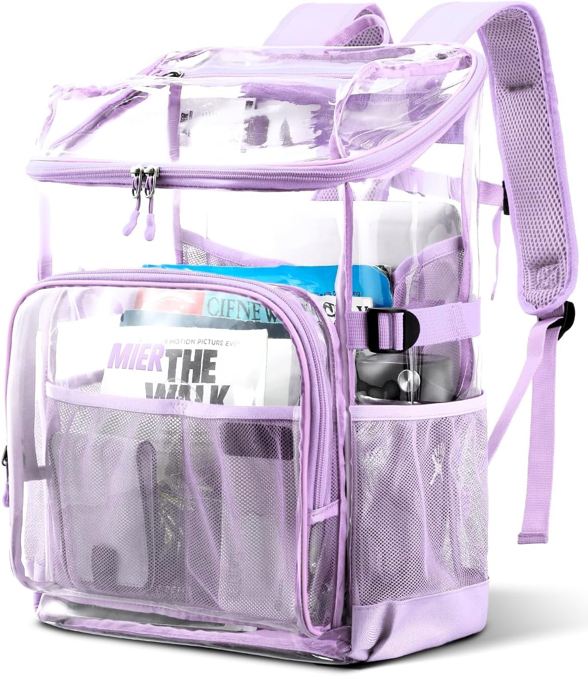image:imageMIER Clear Backpack for Stadium Events 12 Inch Small Transparent Bookbag Heavy Duty See Through Backpacks for School Clear Bag for Boys Girls Adult BlackPurple