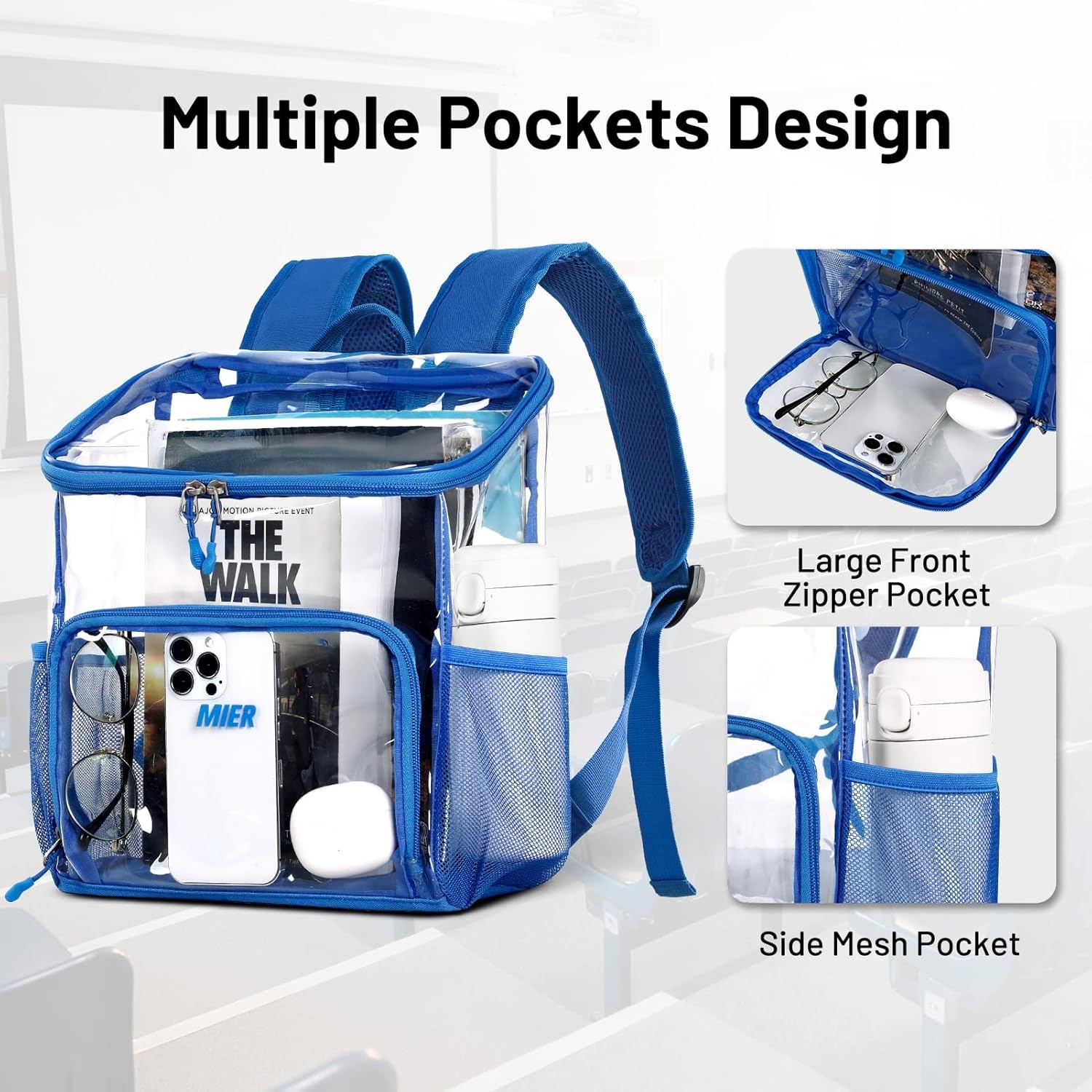 image:imageMIER Clear Backpack for Stadium Events 12 Inch Small Transparent Bookbag Heavy Duty See Through Backpacks for School Clear Bag for Boys Girls Adult BlackBlue