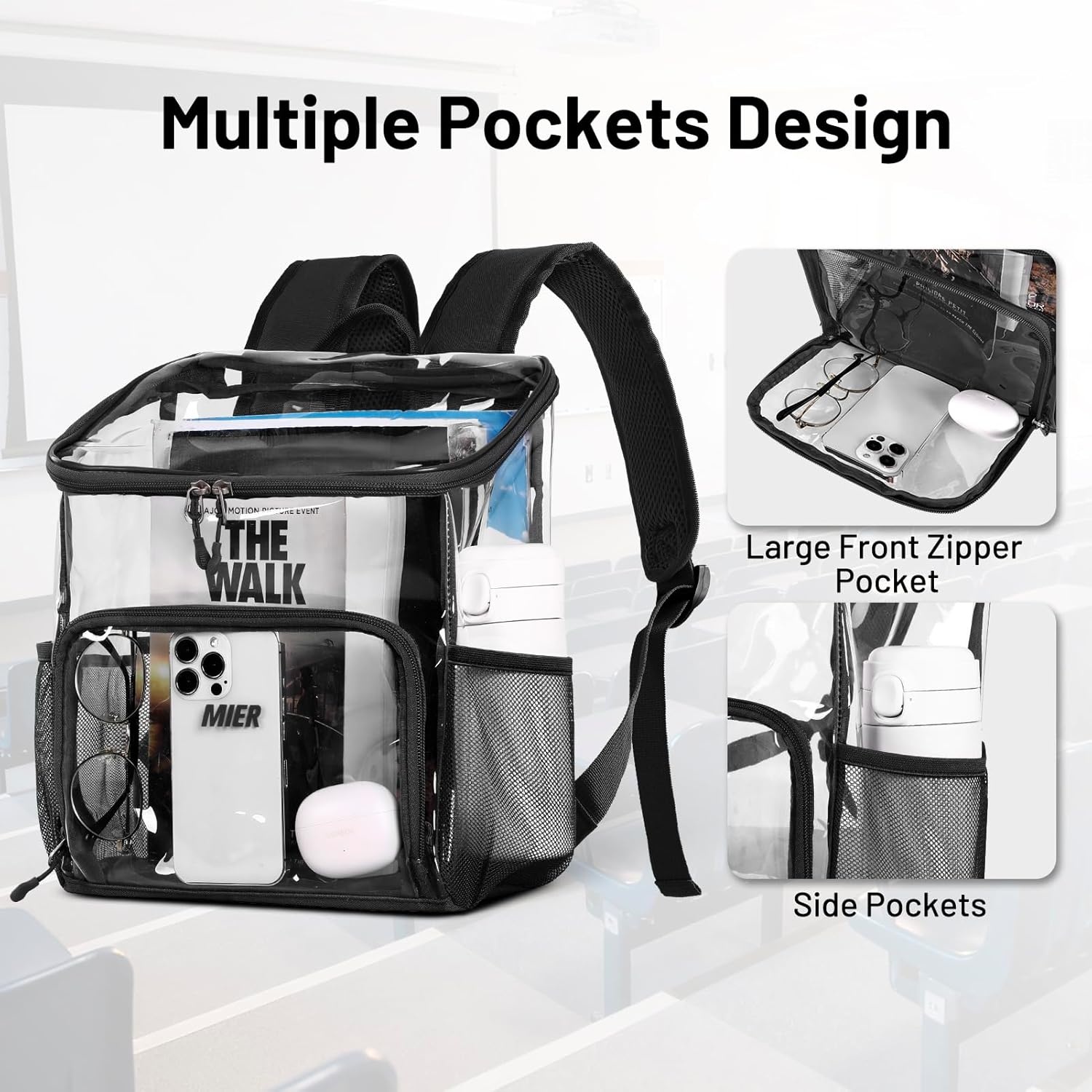 image:imageMIER Clear Backpack for Stadium Events 12 Inch Small Transparent Bookbag Heavy Duty See Through Backpacks for School Clear Bag for Boys Girls Adult BlackBlack