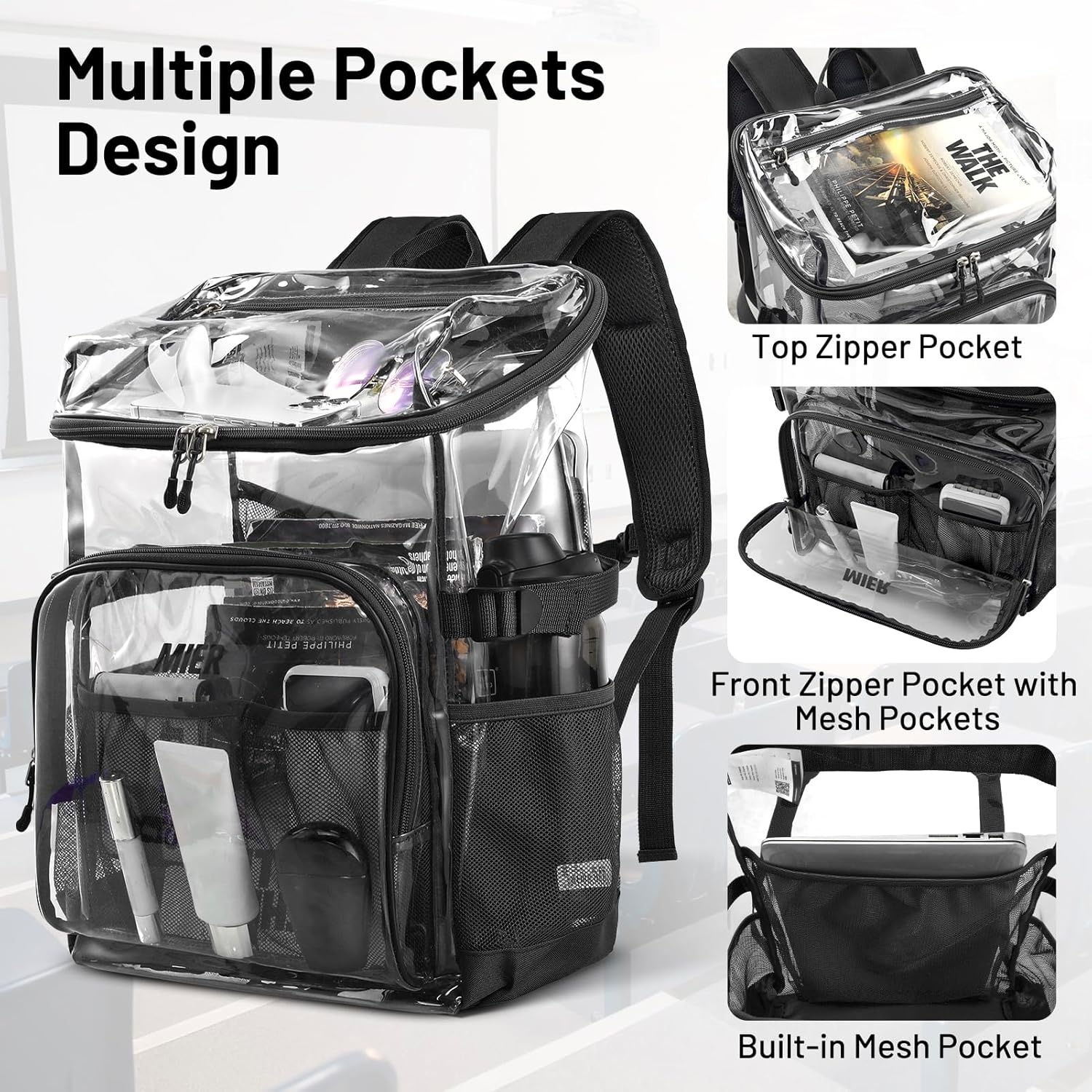 image:imageMIER Clear Backpack for Stadium Events 12 Inch Small Transparent Bookbag Heavy Duty See Through Backpacks for School Clear Bag for Boys Girls Adult BlackBlack