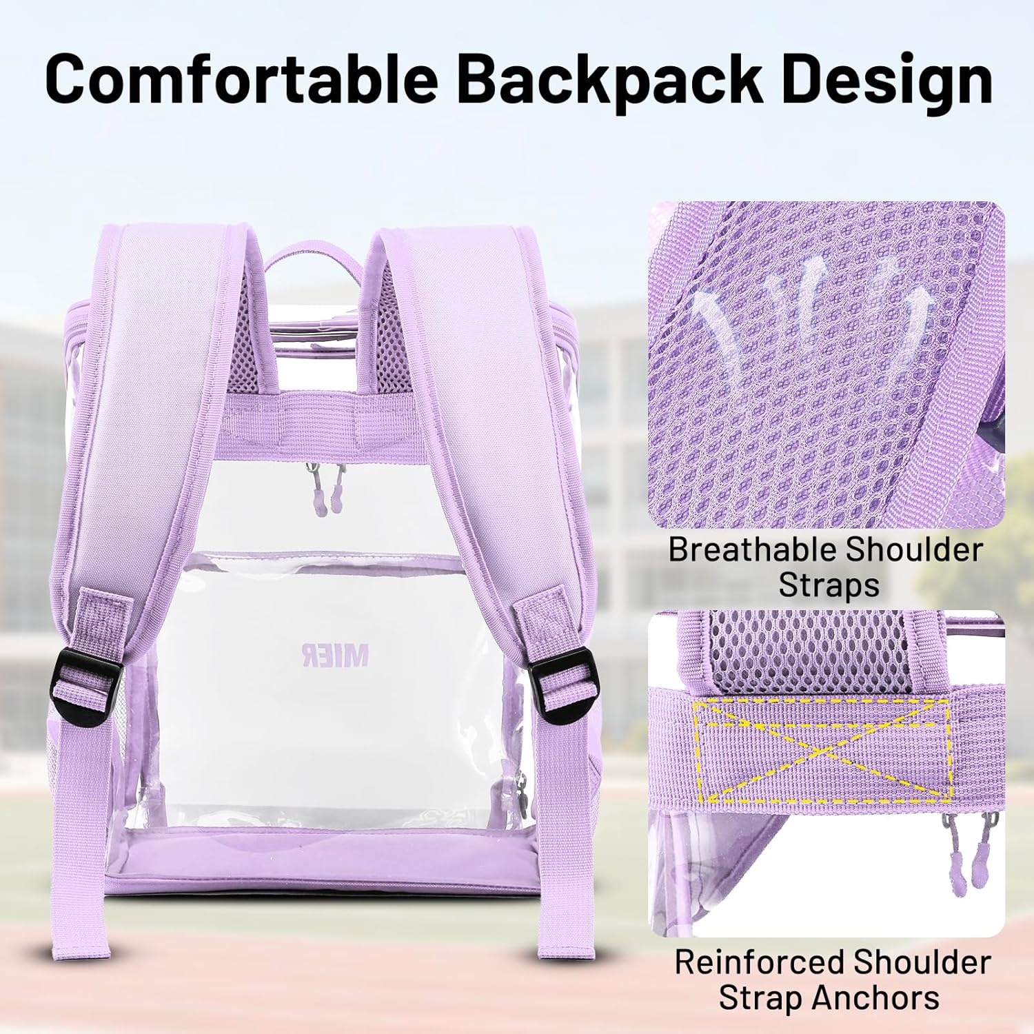 image:imageMIER Clear Backpack for Stadium Events 12 Inch Small Transparent Bookbag Heavy Duty See Through Backpacks for School Clear Bag for Boys Girls Adult BlackPurple