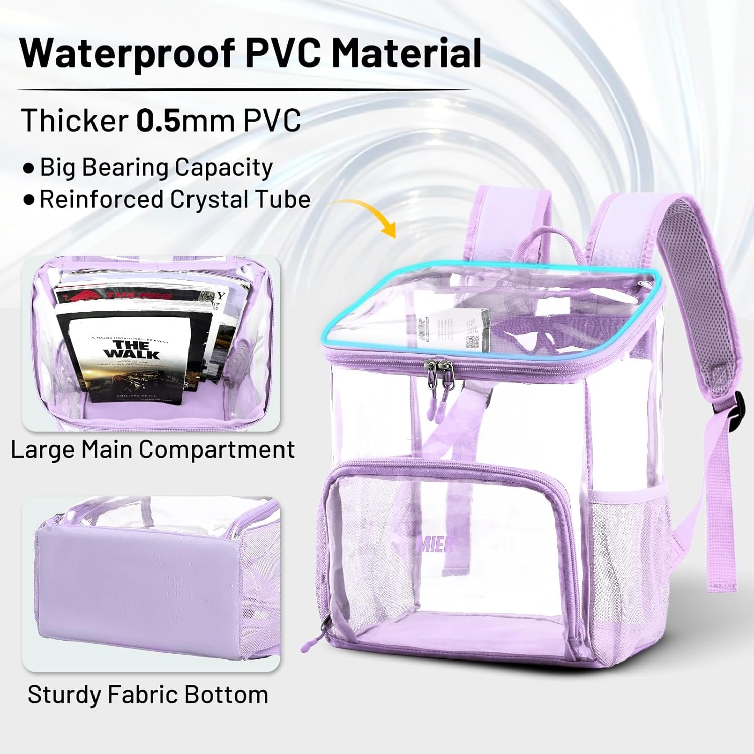 image:imageMIER Clear Backpack for Stadium Events 12 Inch Small Transparent Bookbag Heavy Duty See Through Backpacks for School Clear Bag for Boys Girls Adult BlackPurple
