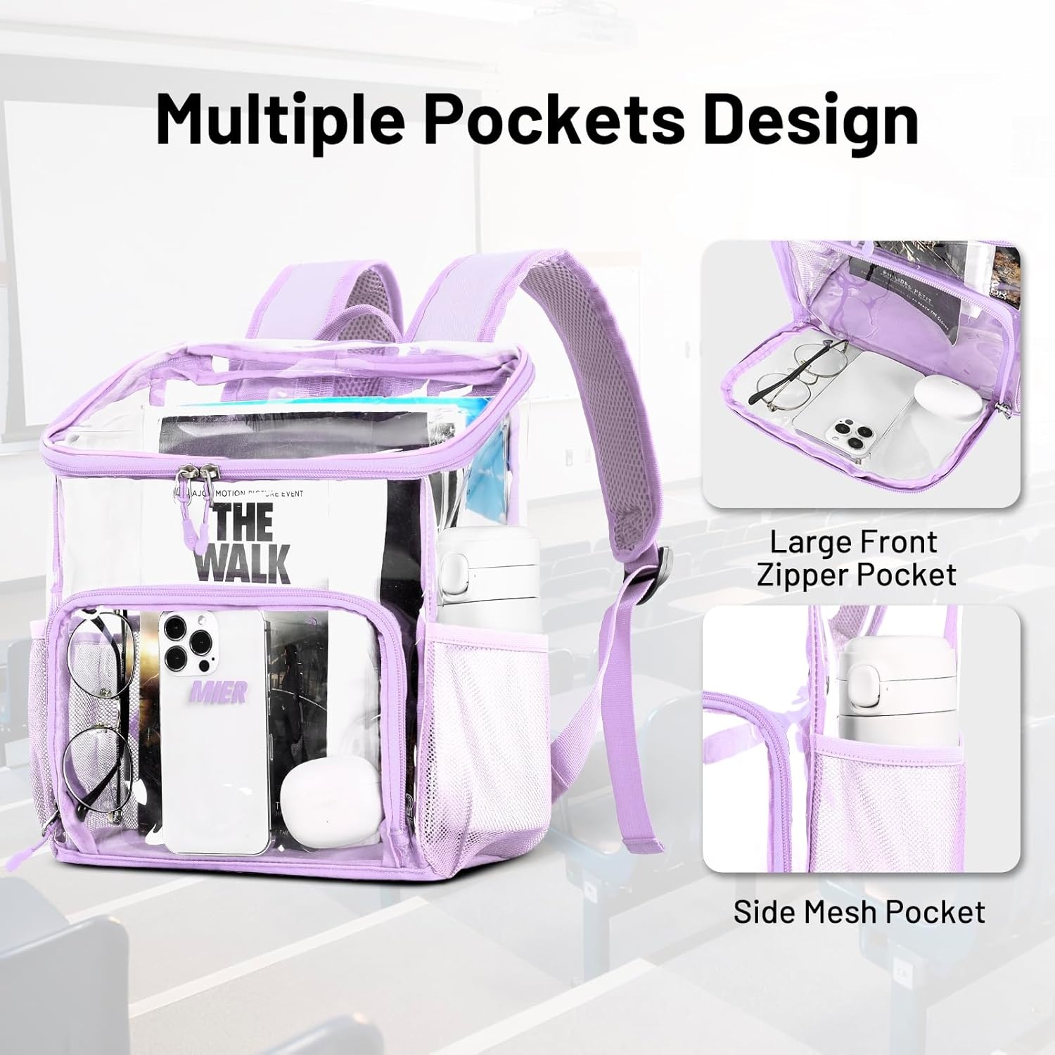 image:imageMIER Clear Backpack for Stadium Events 12 Inch Small Transparent Bookbag Heavy Duty See Through Backpacks for School Clear Bag for Boys Girls Adult BlackPurple