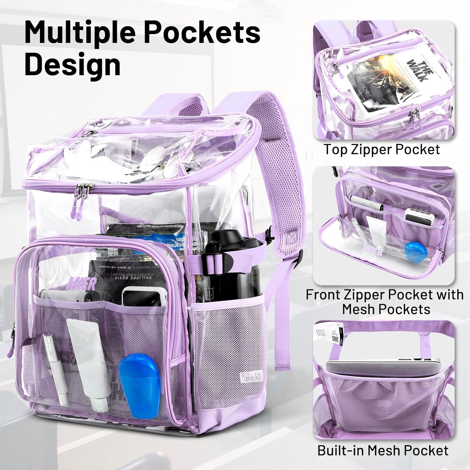 image:imageMIER Clear Backpack for Stadium Events 12 Inch Small Transparent Bookbag Heavy Duty See Through Backpacks for School Clear Bag for Boys Girls Adult BlackPurple