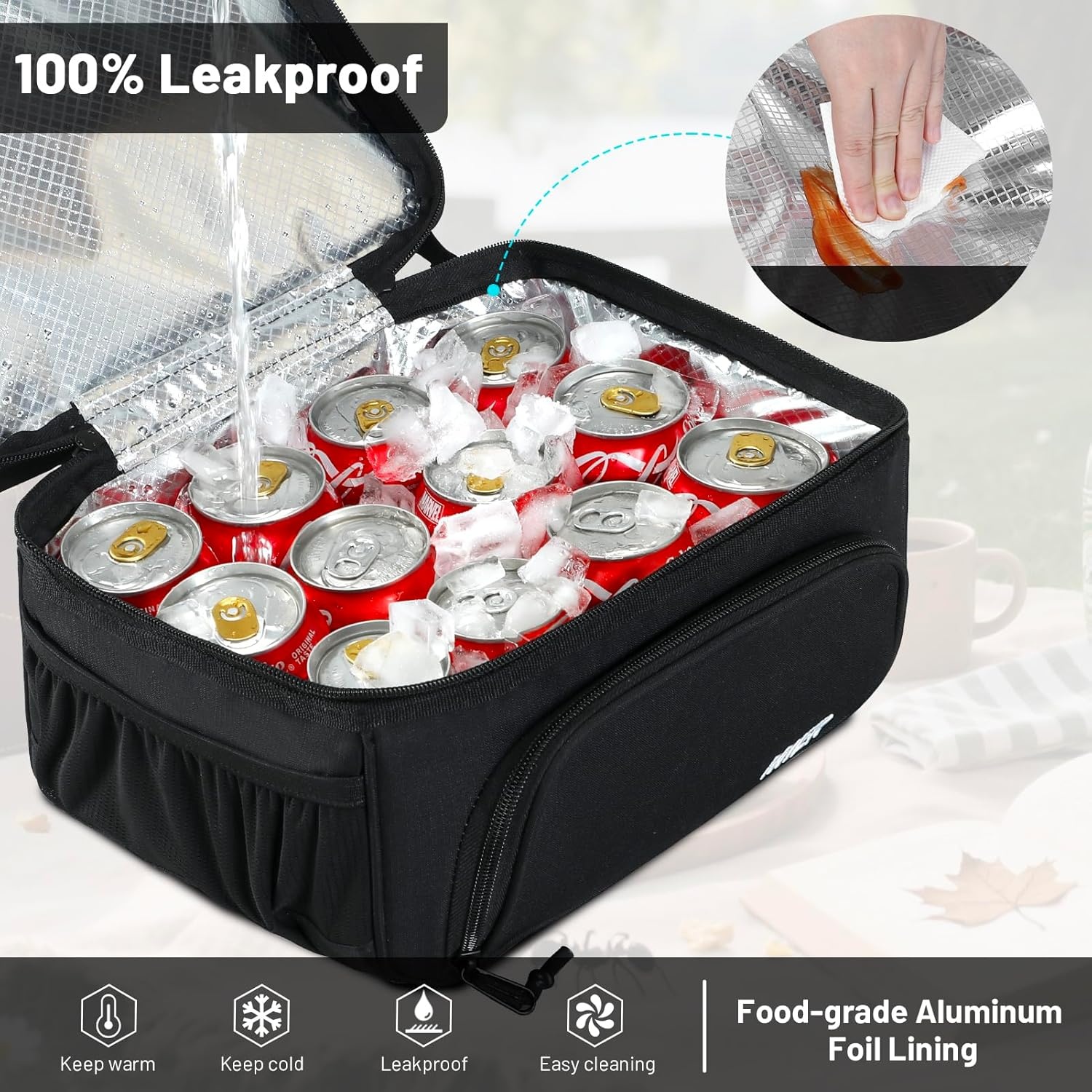 image:imageMIER Dual Compartment Lunch Bag Tote with Shoulder Strap for Men and Women Insulated Leakproof Cooler Bag BlackRedBlack