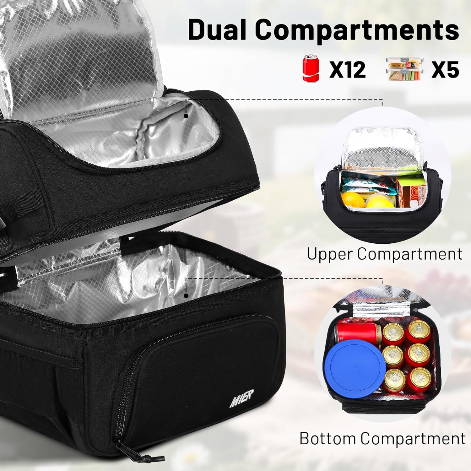 image:imageMIER Dual Compartment Lunch Bag Tote with Shoulder Strap for Men and Women Insulated Leakproof Cooler Bag BlackRedBlack