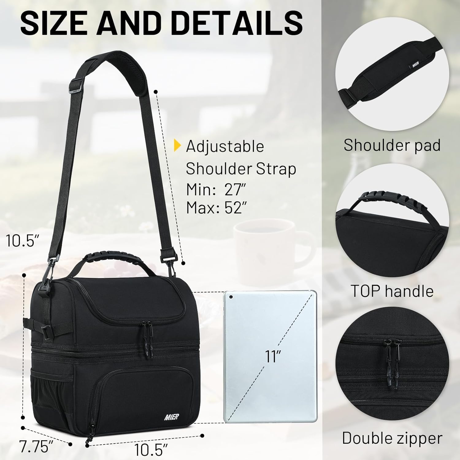 image:imageMIER Dual Compartment Lunch Bag Tote with Shoulder Strap for Men and Women Insulated Leakproof Cooler Bag BlackRedBlack