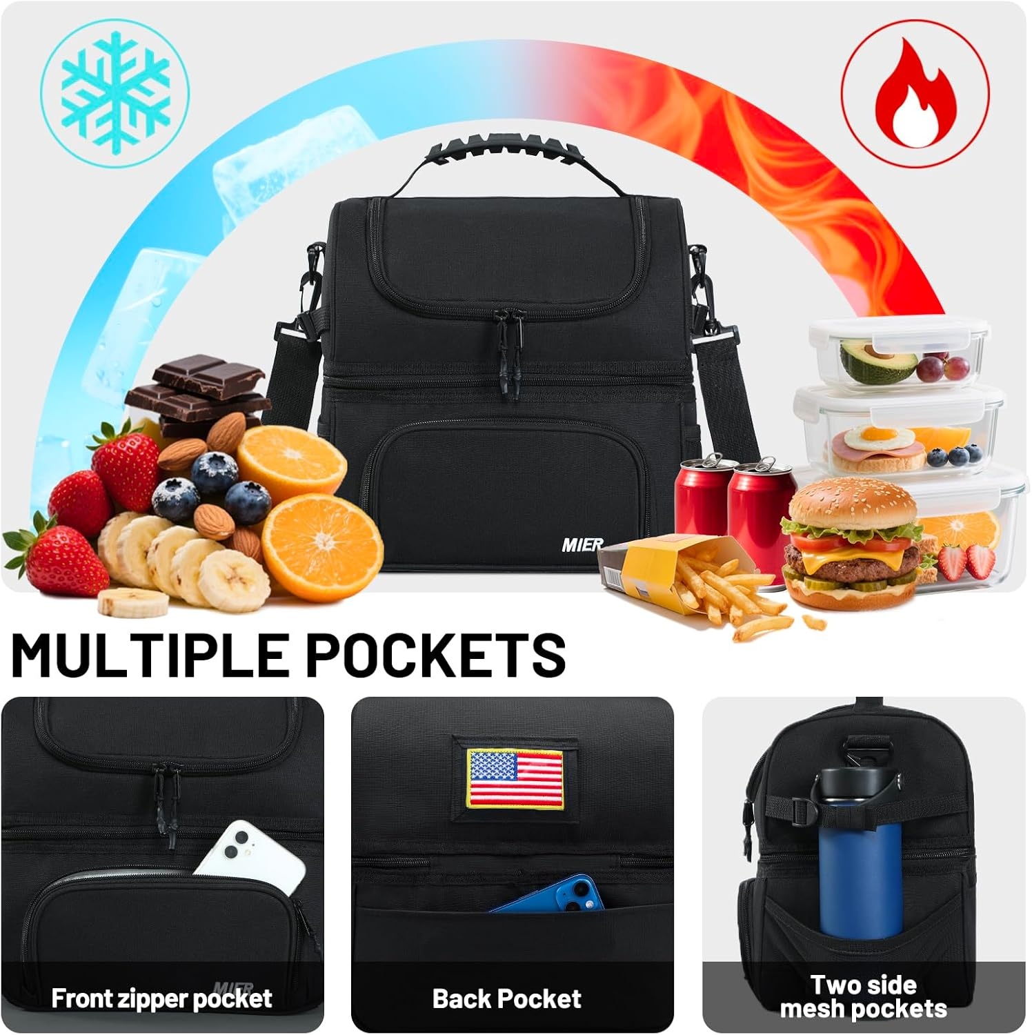 image:imageMIER Dual Compartment Lunch Bag Tote with Shoulder Strap for Men and Women Insulated Leakproof Cooler Bag BlackRedBlack