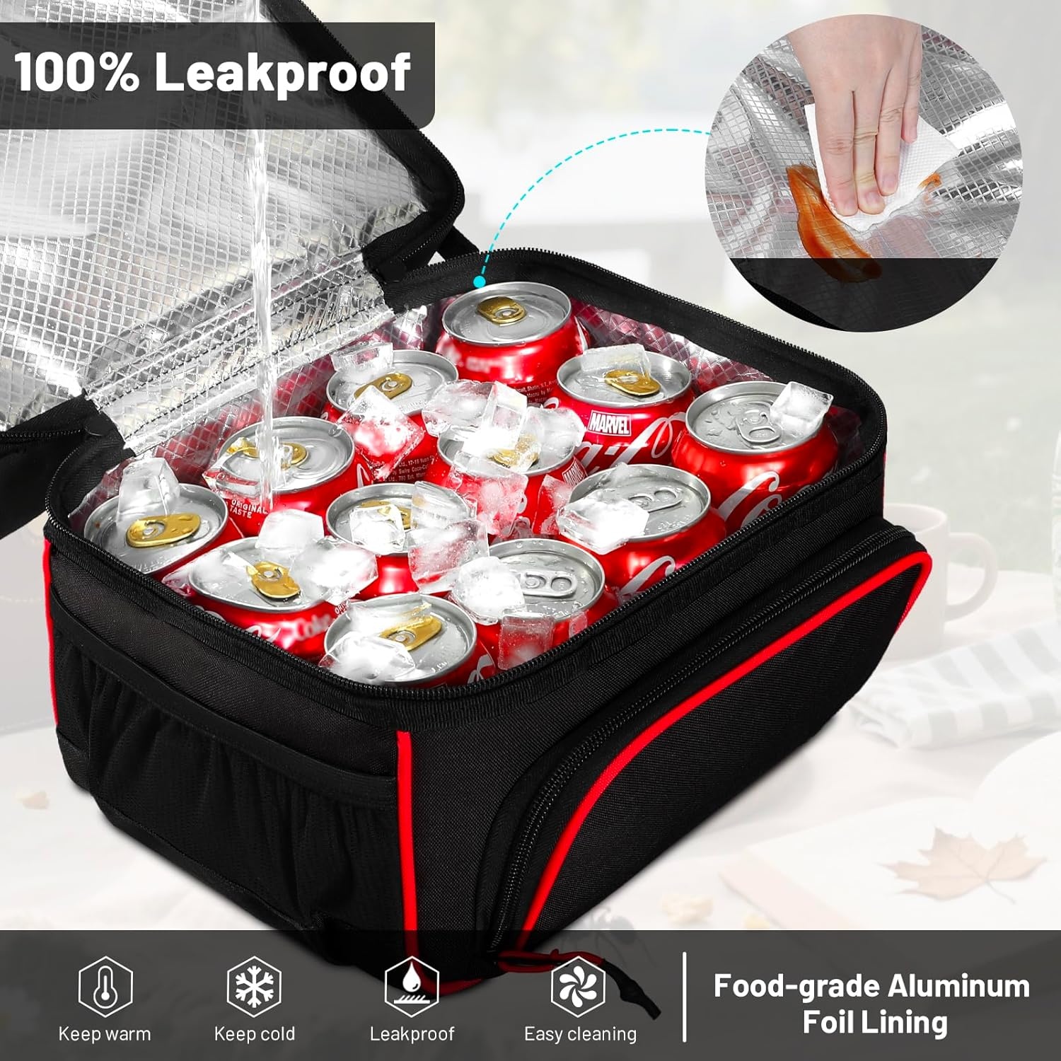 image:imageMIER Dual Compartment Lunch Bag Tote with Shoulder Strap for Men and Women Insulated Leakproof Cooler Bag BlackRedBlackRed