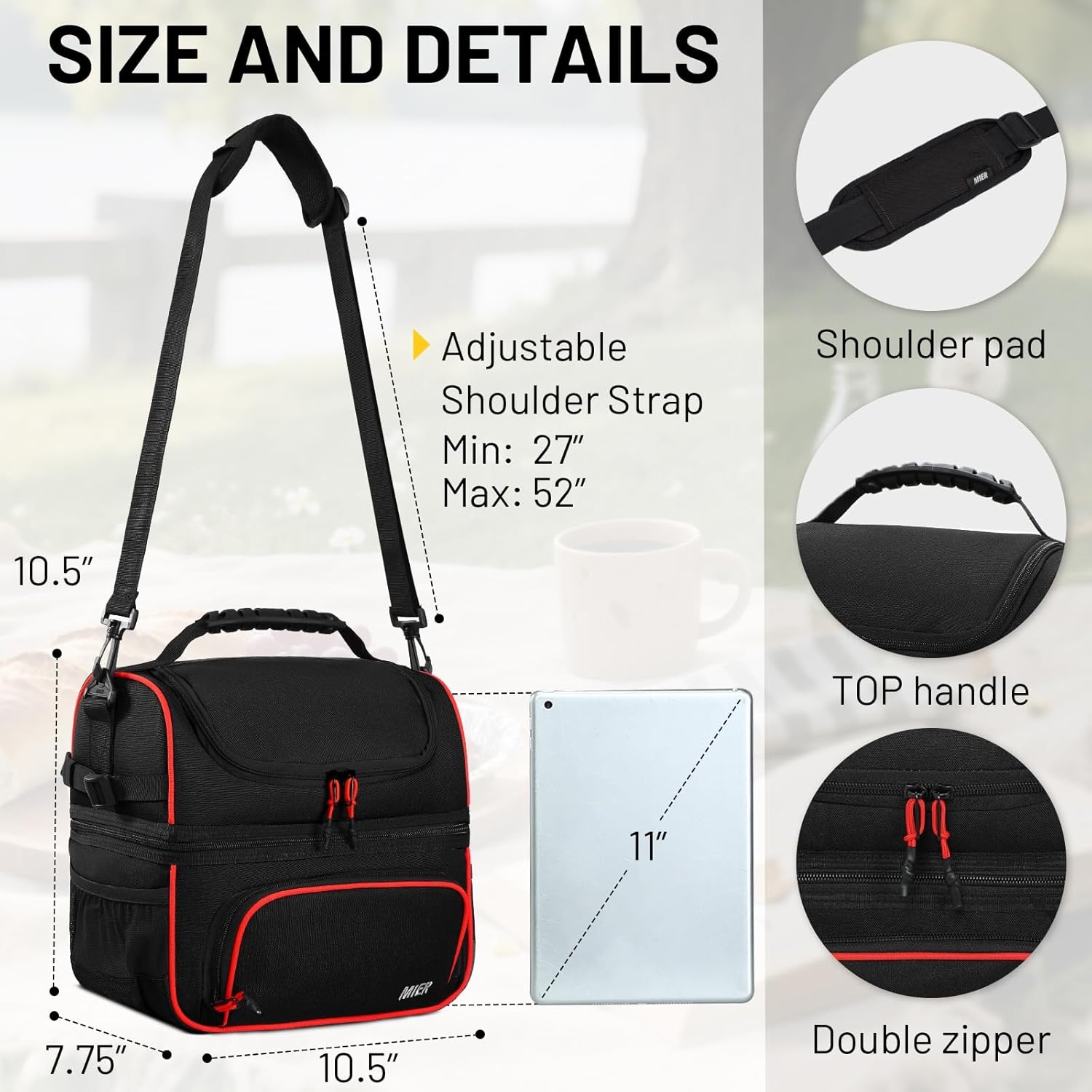 image:imageMIER Dual Compartment Lunch Bag Tote with Shoulder Strap for Men and Women Insulated Leakproof Cooler Bag BlackRedBlackRed