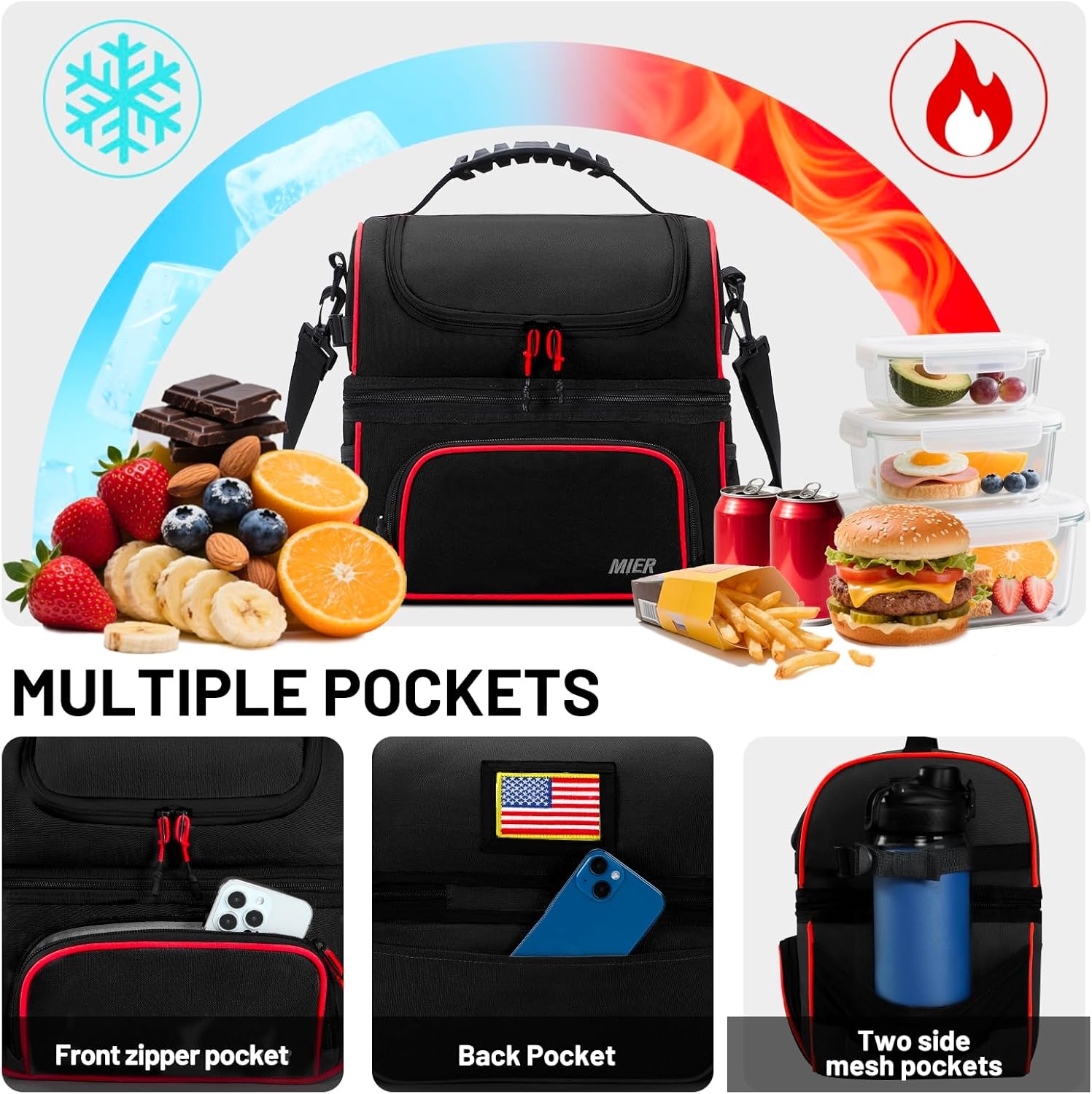 image:imageMIER Dual Compartment Lunch Bag Tote with Shoulder Strap for Men and Women Insulated Leakproof Cooler Bag BlackRedBlackRed
