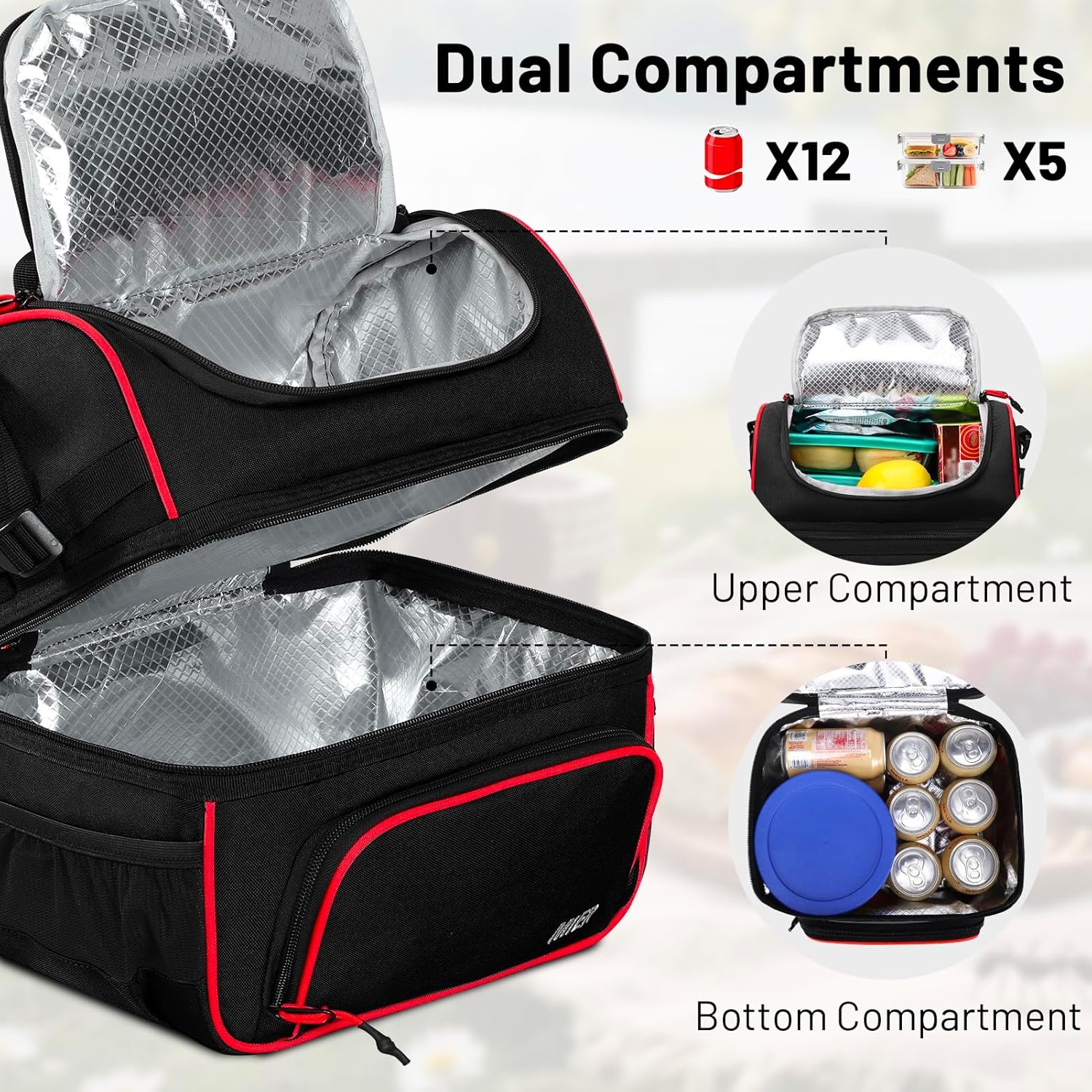 image:imageMIER Dual Compartment Lunch Bag Tote with Shoulder Strap for Men and Women Insulated Leakproof Cooler Bag BlackRedBlackRed