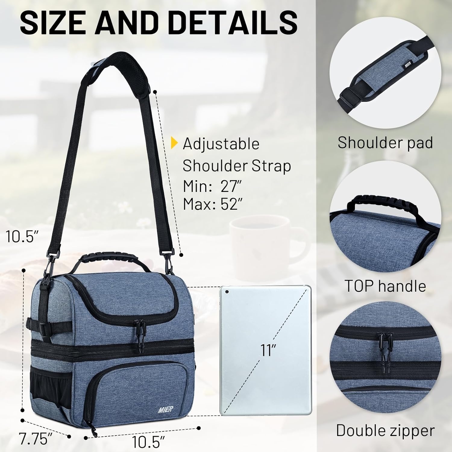 image:imageMIER Dual Compartment Lunch Bag Tote with Shoulder Strap for Men and Women Insulated Leakproof Cooler Bag BlackRedBluesteel