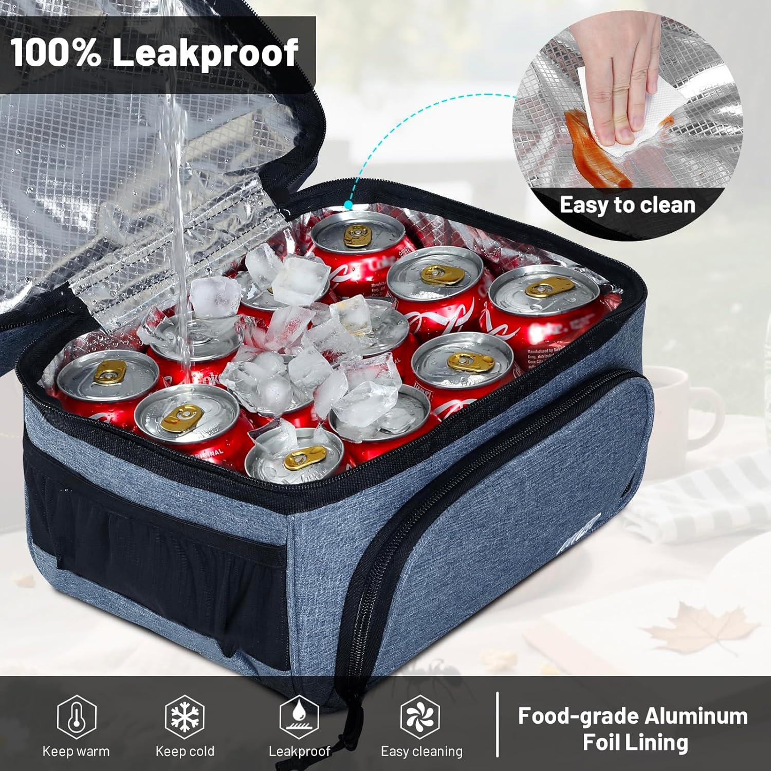 image:imageMIER Dual Compartment Lunch Bag Tote with Shoulder Strap for Men and Women Insulated Leakproof Cooler Bag BlackRedBluesteel