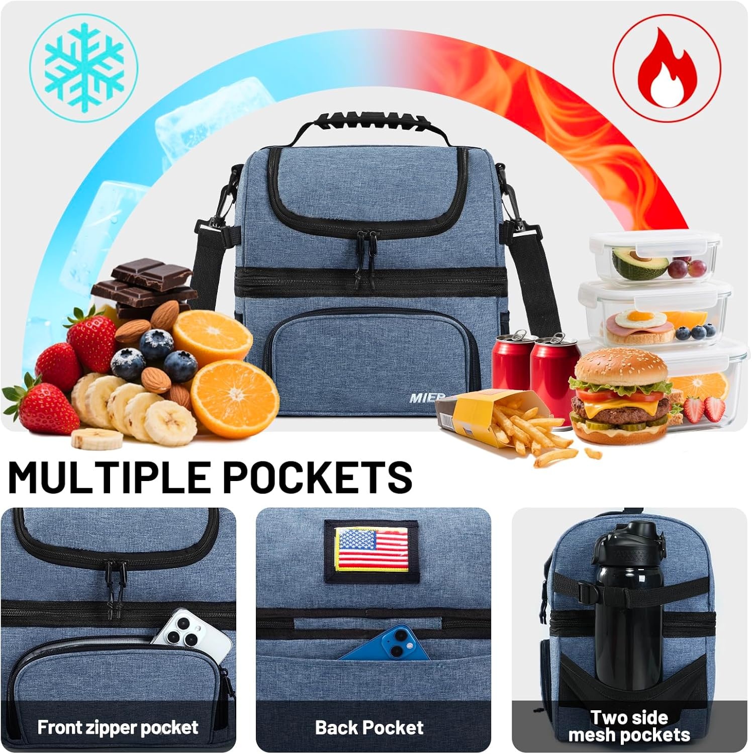 image:imageMIER Dual Compartment Lunch Bag Tote with Shoulder Strap for Men and Women Insulated Leakproof Cooler Bag BlackRedBluesteel