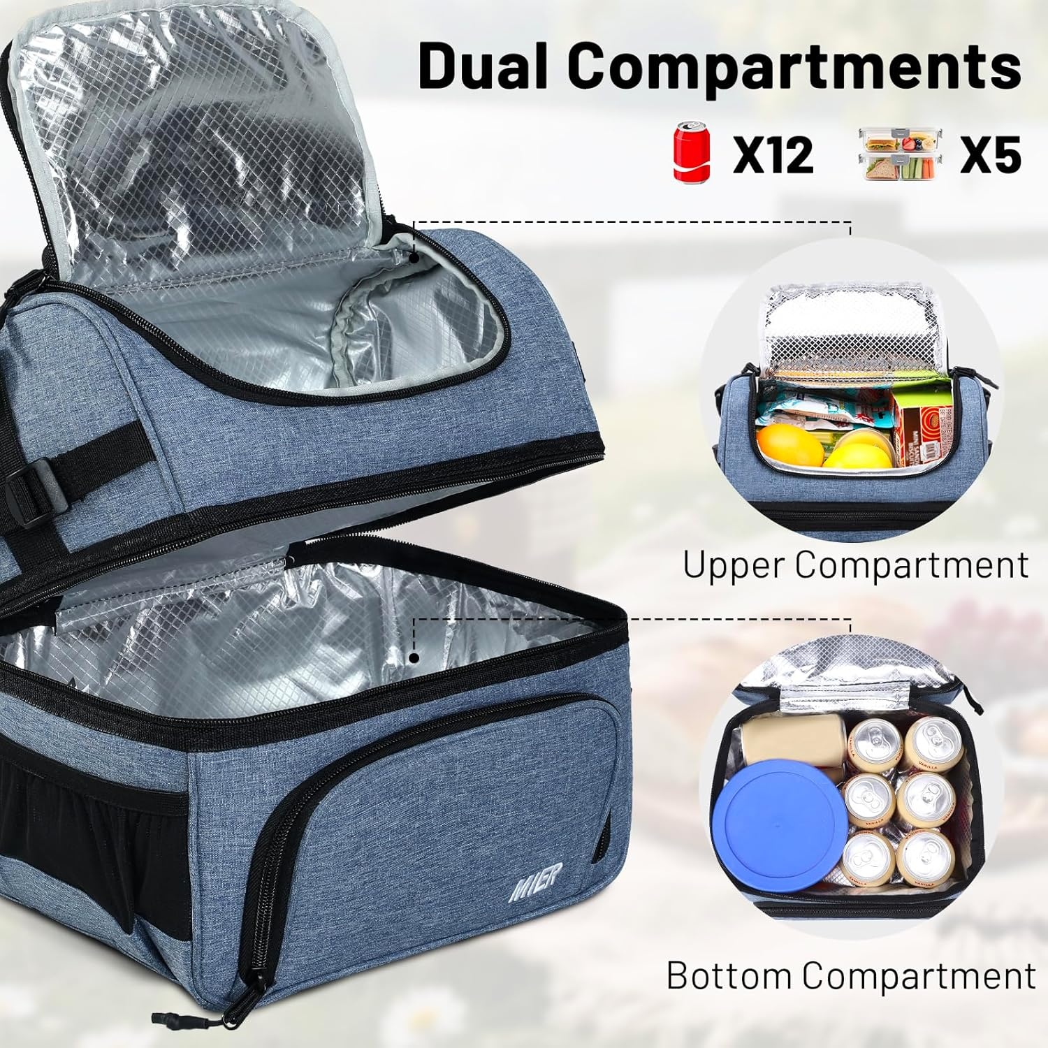 image:imageMIER Dual Compartment Lunch Bag Tote with Shoulder Strap for Men and Women Insulated Leakproof Cooler Bag BlackRedBluesteel