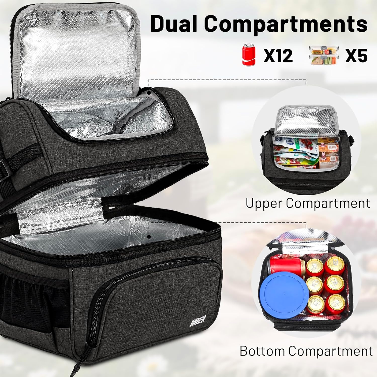 image:imageMIER Dual Compartment Lunch Bag Tote with Shoulder Strap for Men and Women Insulated Leakproof Cooler Bag BlackRedDark Gray
