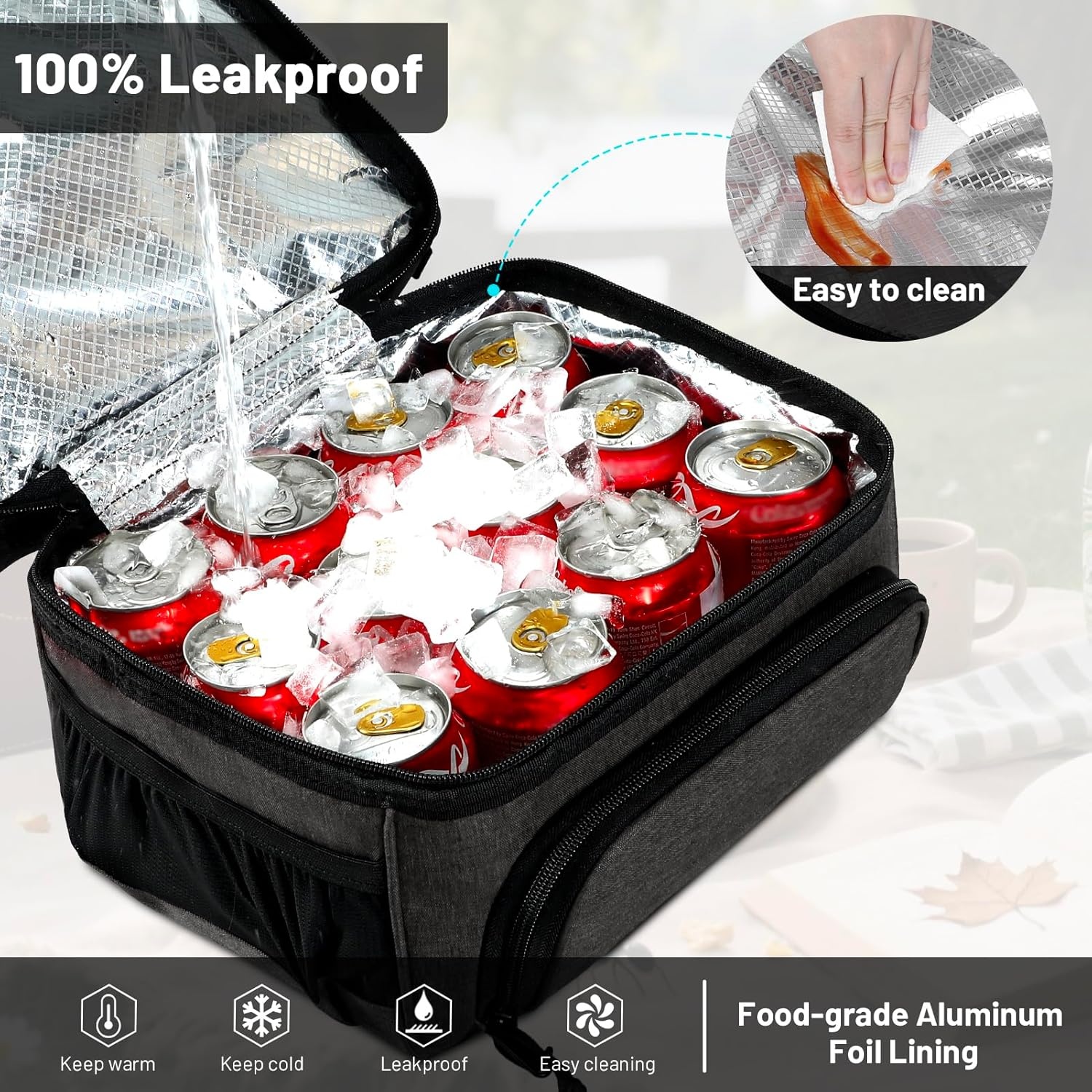image:imageMIER Dual Compartment Lunch Bag Tote with Shoulder Strap for Men and Women Insulated Leakproof Cooler Bag BlackRedDark Gray