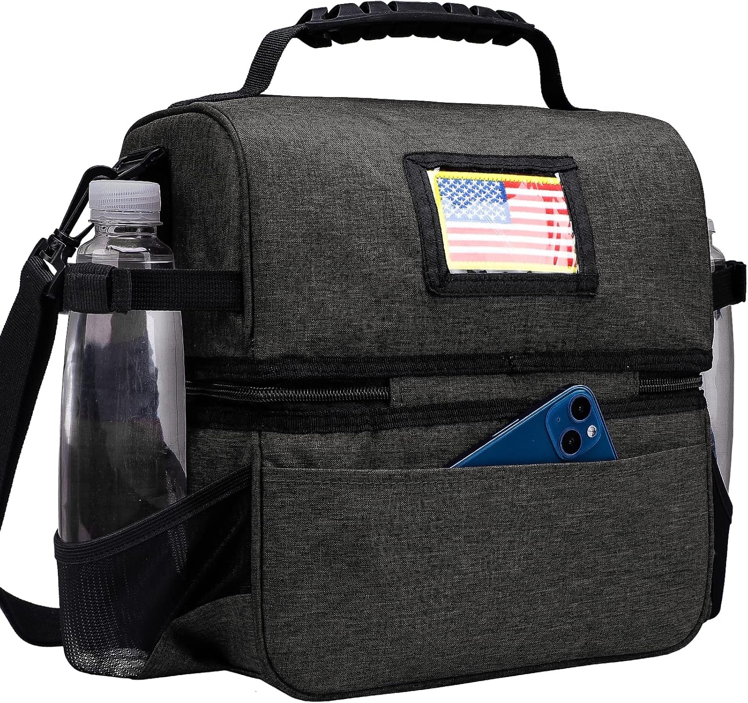image:imageMIER Dual Compartment Lunch Bag Tote with Shoulder Strap for Men and Women Insulated Leakproof Cooler Bag BlackRedDark Gray