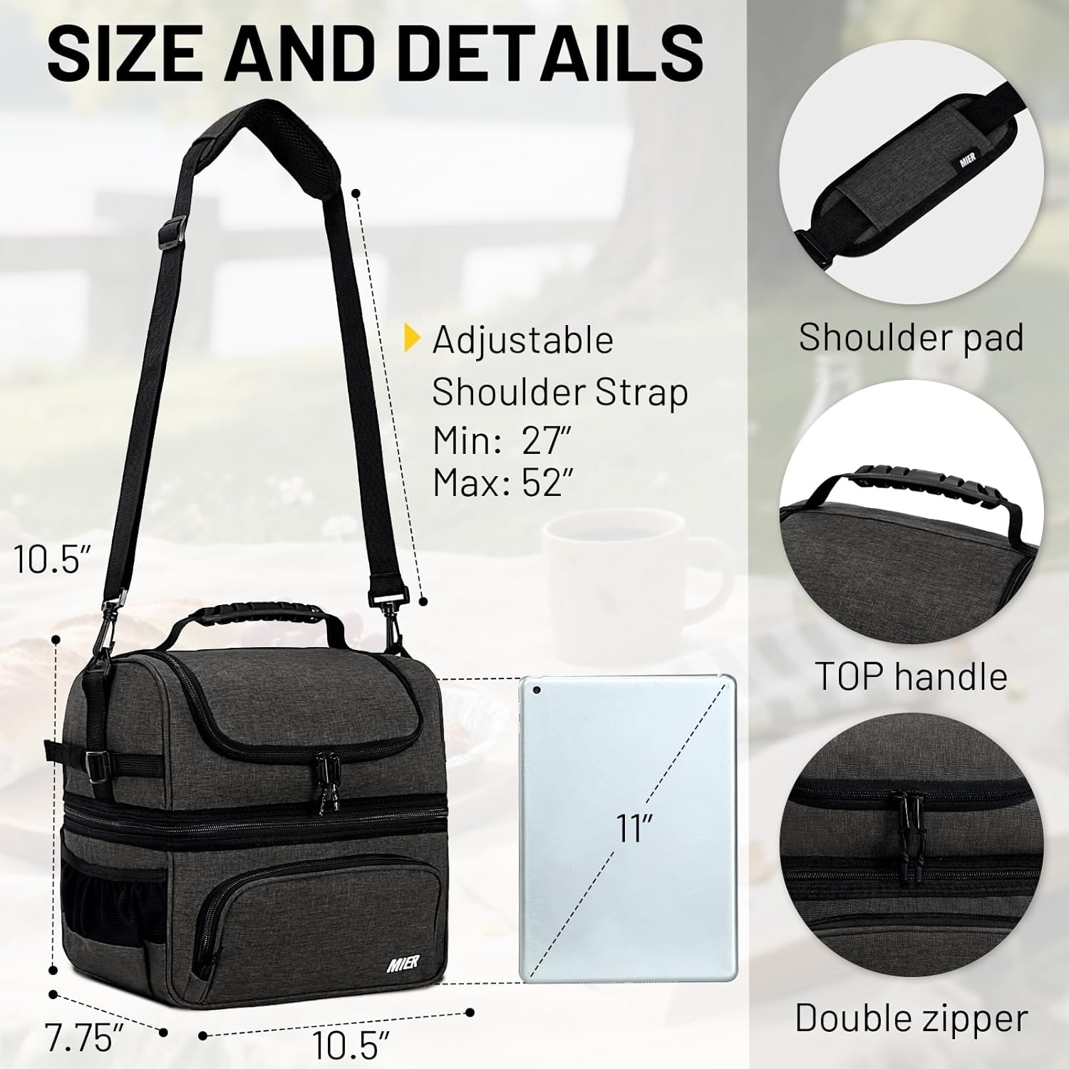 image:imageMIER Dual Compartment Lunch Bag Tote with Shoulder Strap for Men and Women Insulated Leakproof Cooler Bag BlackRedDark Gray