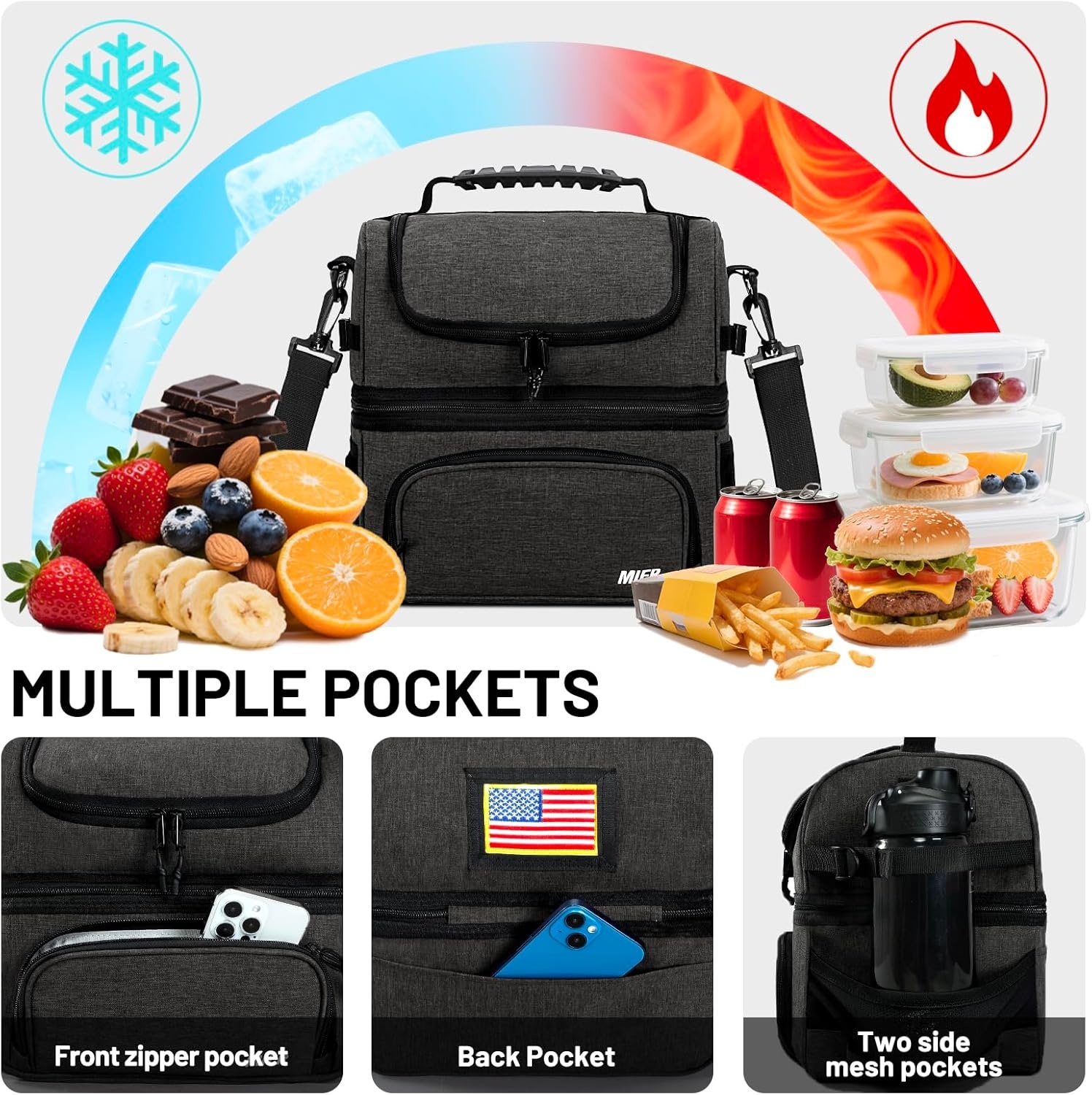 image:imageMIER Dual Compartment Lunch Bag Tote with Shoulder Strap for Men and Women Insulated Leakproof Cooler Bag BlackRedDark Gray
