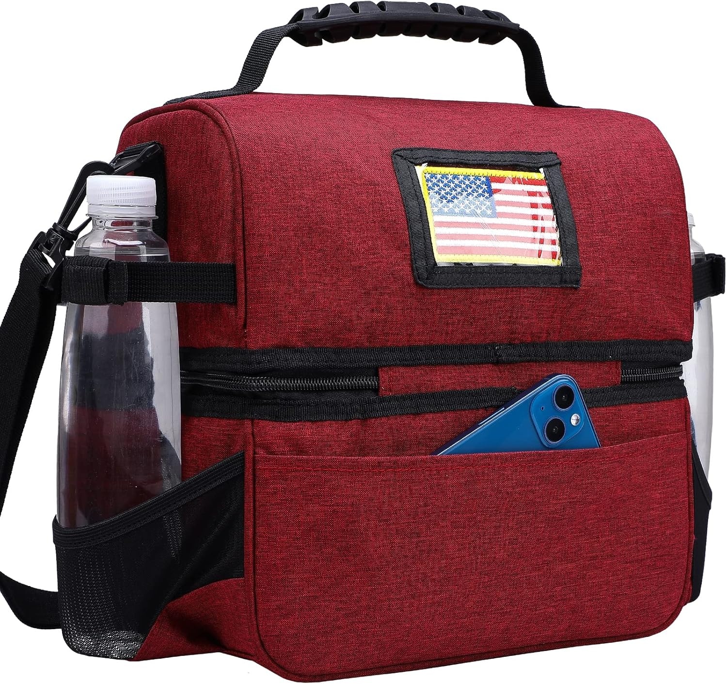 image:imageMIER Dual Compartment Lunch Bag Tote with Shoulder Strap for Men and Women Insulated Leakproof Cooler Bag BlackRedDark Red