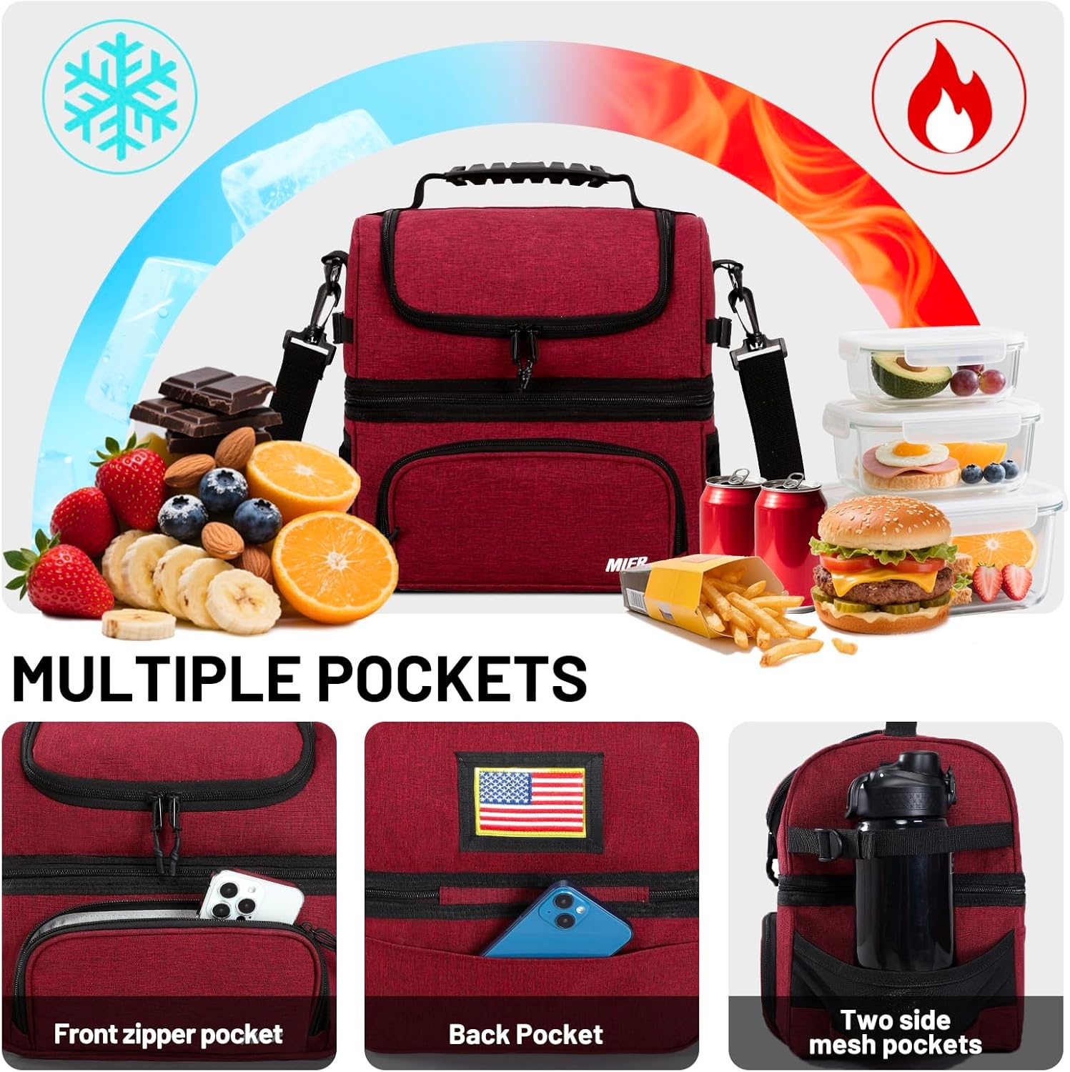 image:imageMIER Dual Compartment Lunch Bag Tote with Shoulder Strap for Men and Women Insulated Leakproof Cooler Bag BlackRedDark Red