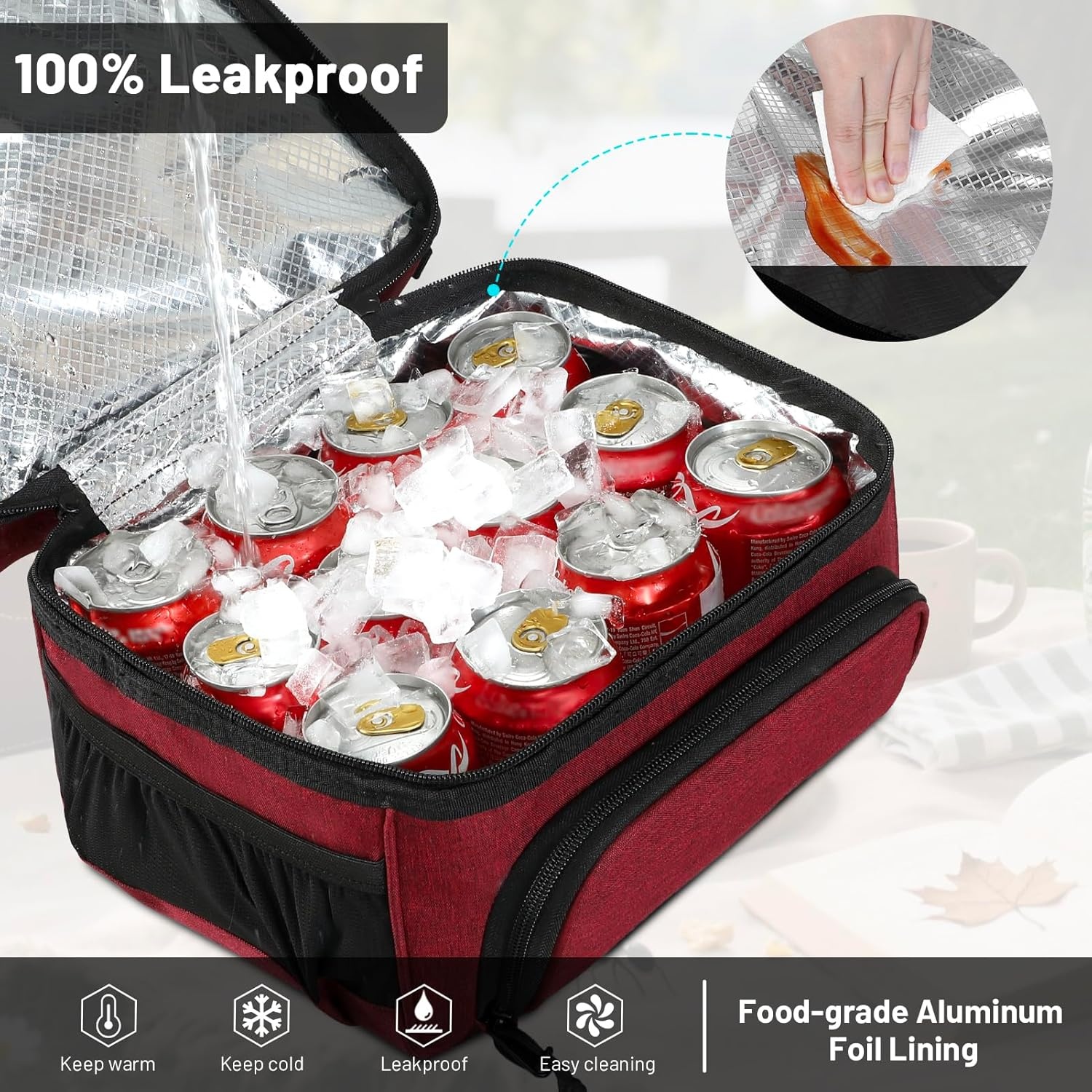 image:imageMIER Dual Compartment Lunch Bag Tote with Shoulder Strap for Men and Women Insulated Leakproof Cooler Bag BlackRedDark Red