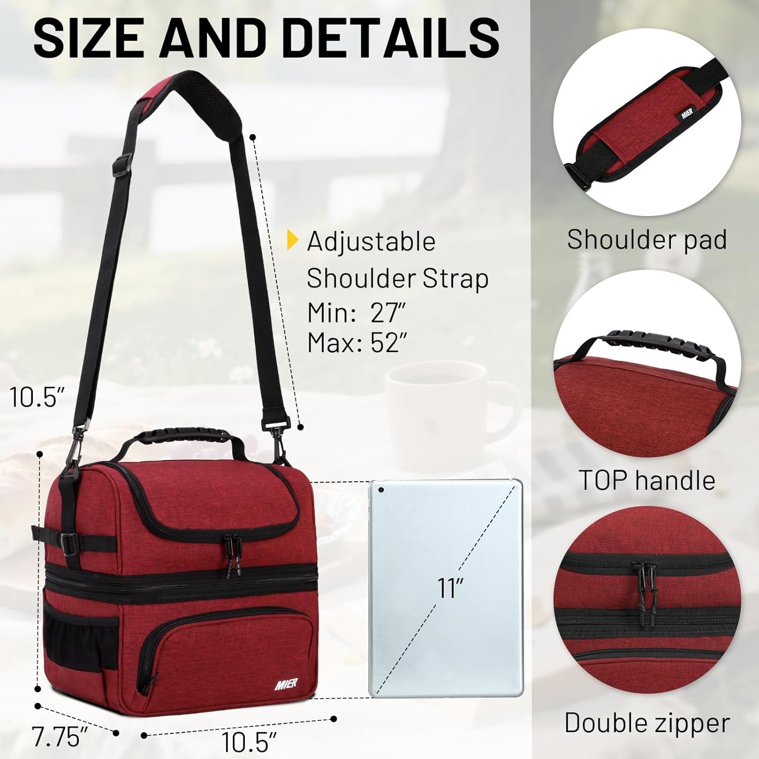 image:imageMIER Dual Compartment Lunch Bag Tote with Shoulder Strap for Men and Women Insulated Leakproof Cooler Bag BlackRedDark Red